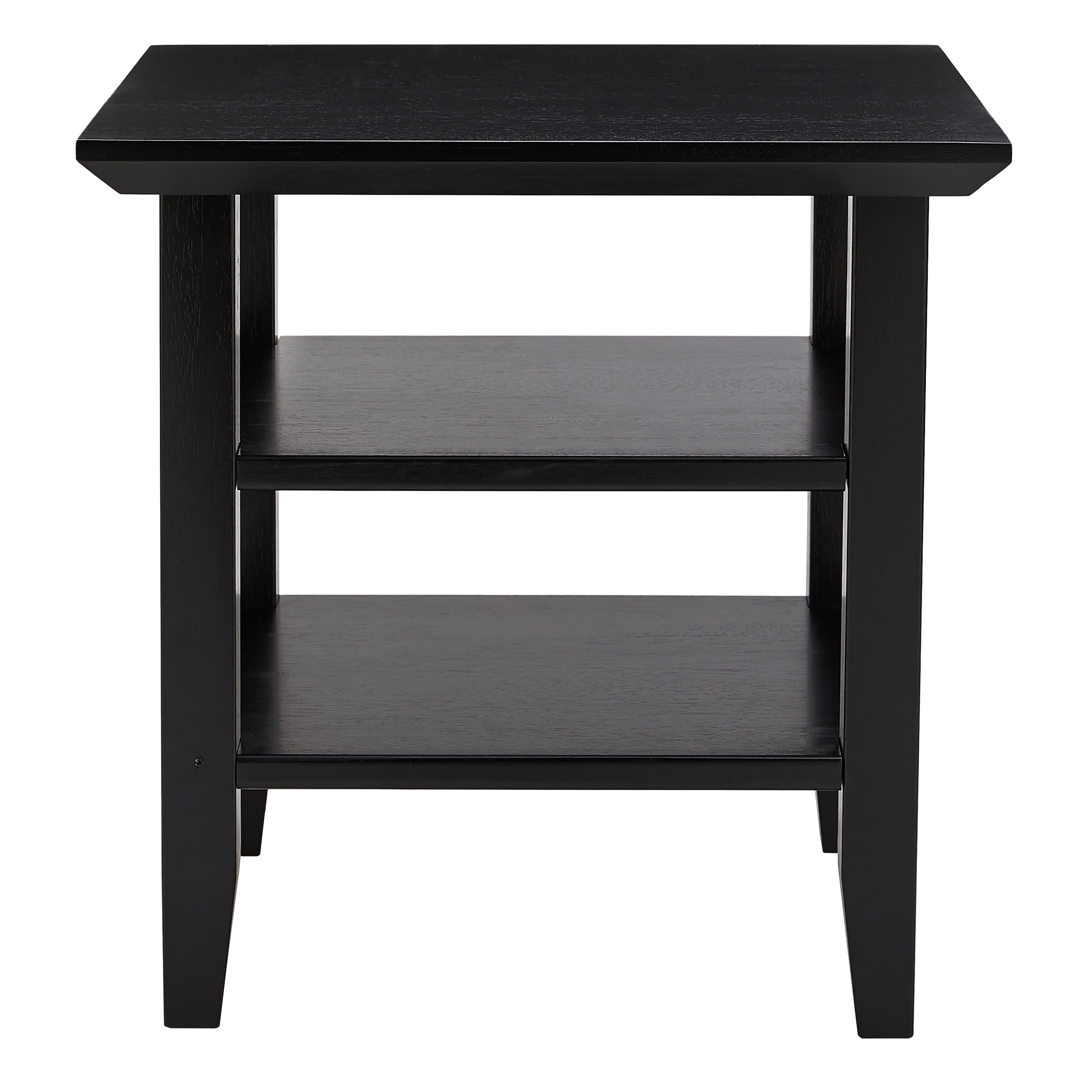 19 Inch Handcrafted Rubberwood Square Side End Table, 2 Shelves, Chamfered Legs, Black