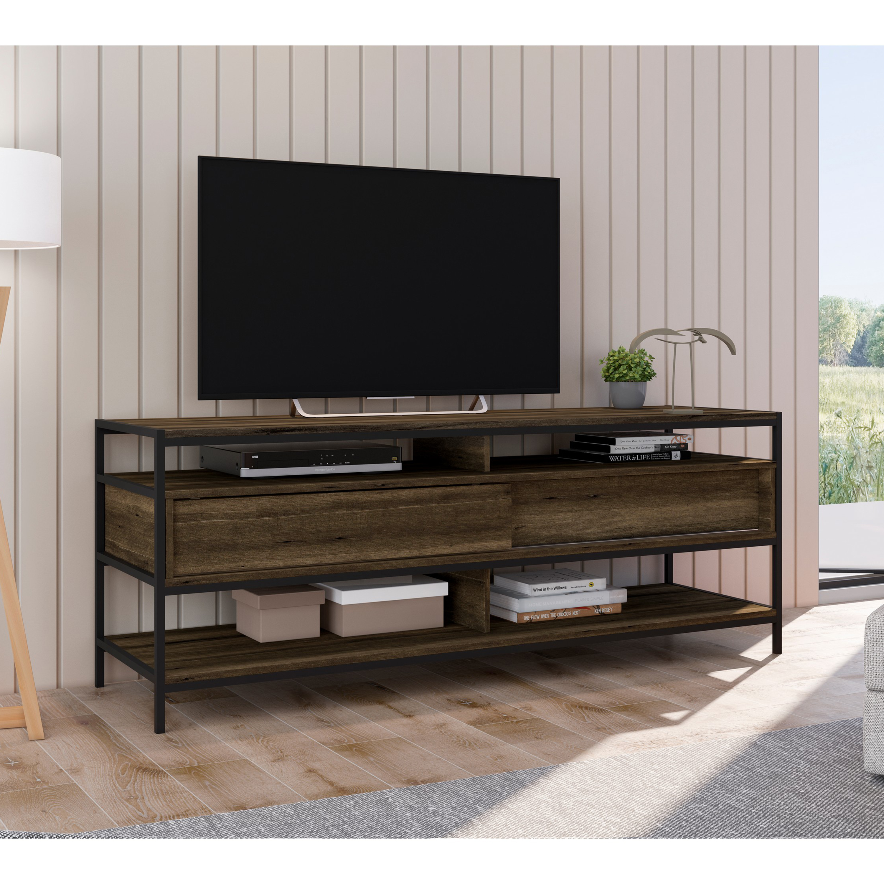 58 Inch Wood and Metal Entertainmnet TV Stand with 2 Drawers, Brown and Black