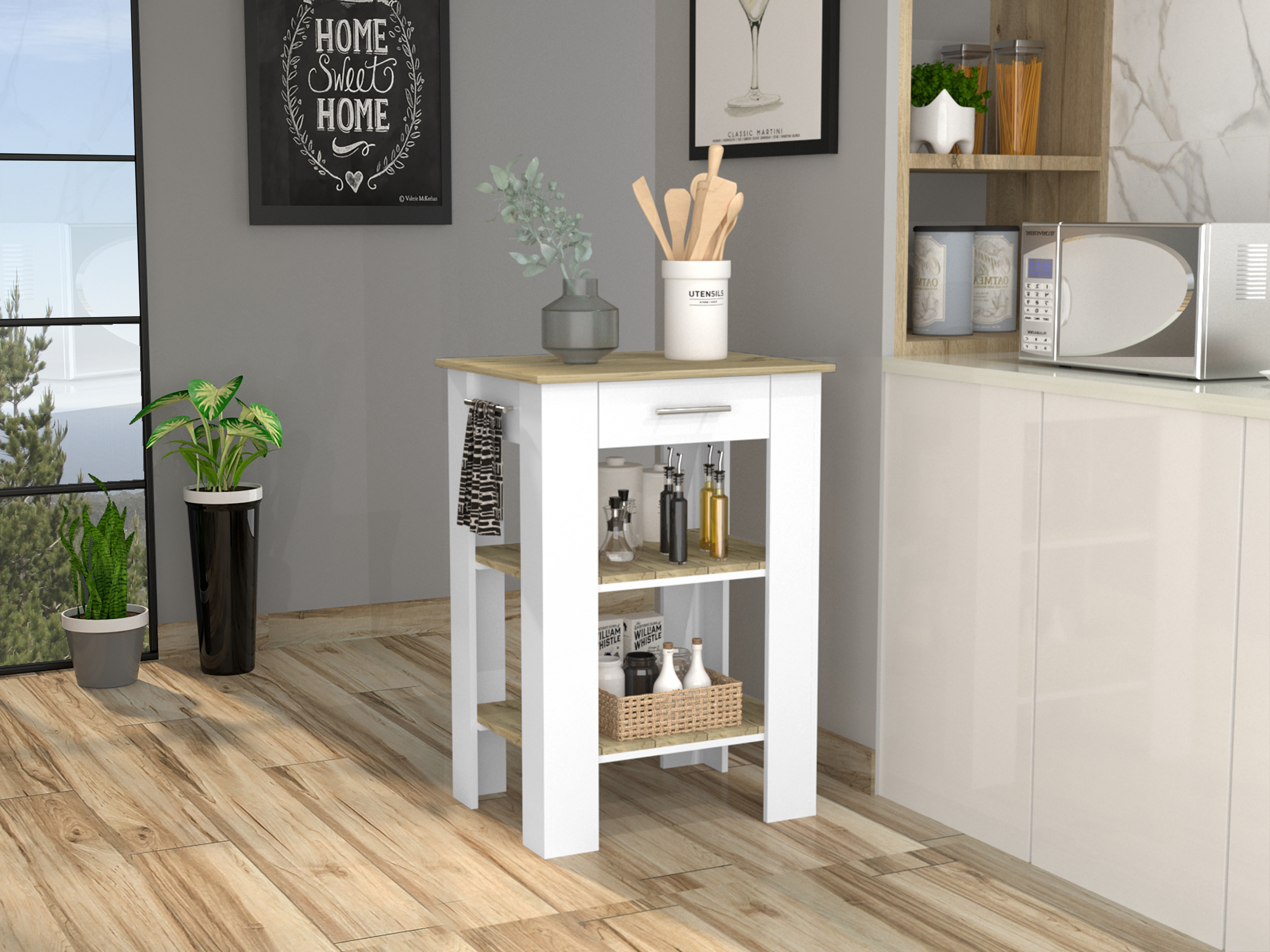 Cala Kitchen Island 23, Two Shelves, Two Drawers  -White / Light Oak