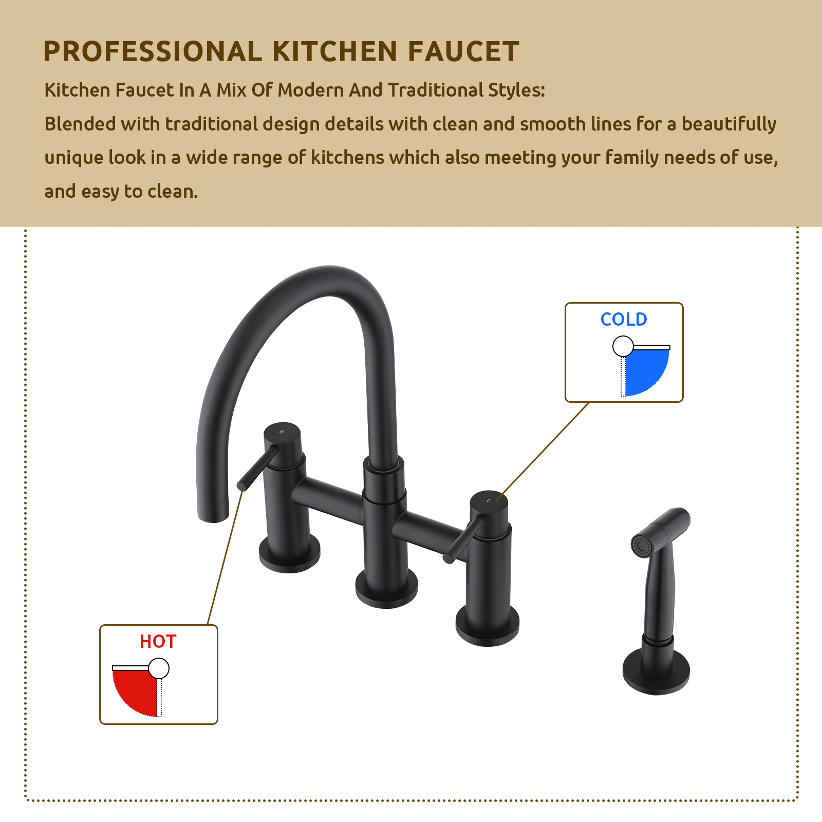 RV Kitchen Sink Faucet Brushed Gold Kitchen Faucet with Side Sprayer 3 Holes Double Handle 304 Stainless Steel 360 Swivel Rotation Faucet for Outdoor Farmhouse Camper Laundry RV Bar