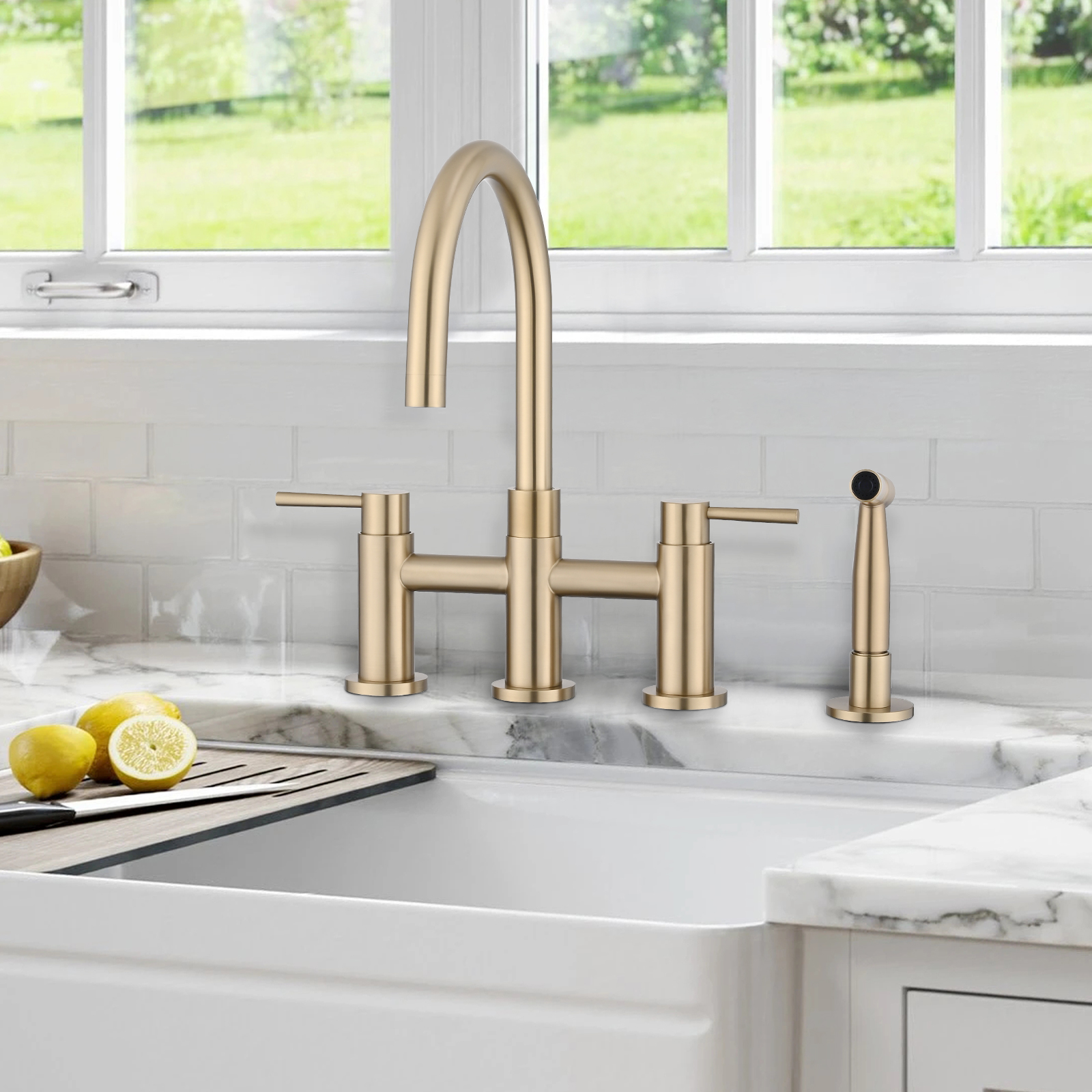 RV Kitchen Sink Faucet Brushed Gold Kitchen Faucet with Side Sprayer 3 Holes Double Handle 304 Stainless Steel 360 Swivel Rotation Faucet for Outdoor Farmhouse Camper Laundry RV Bar