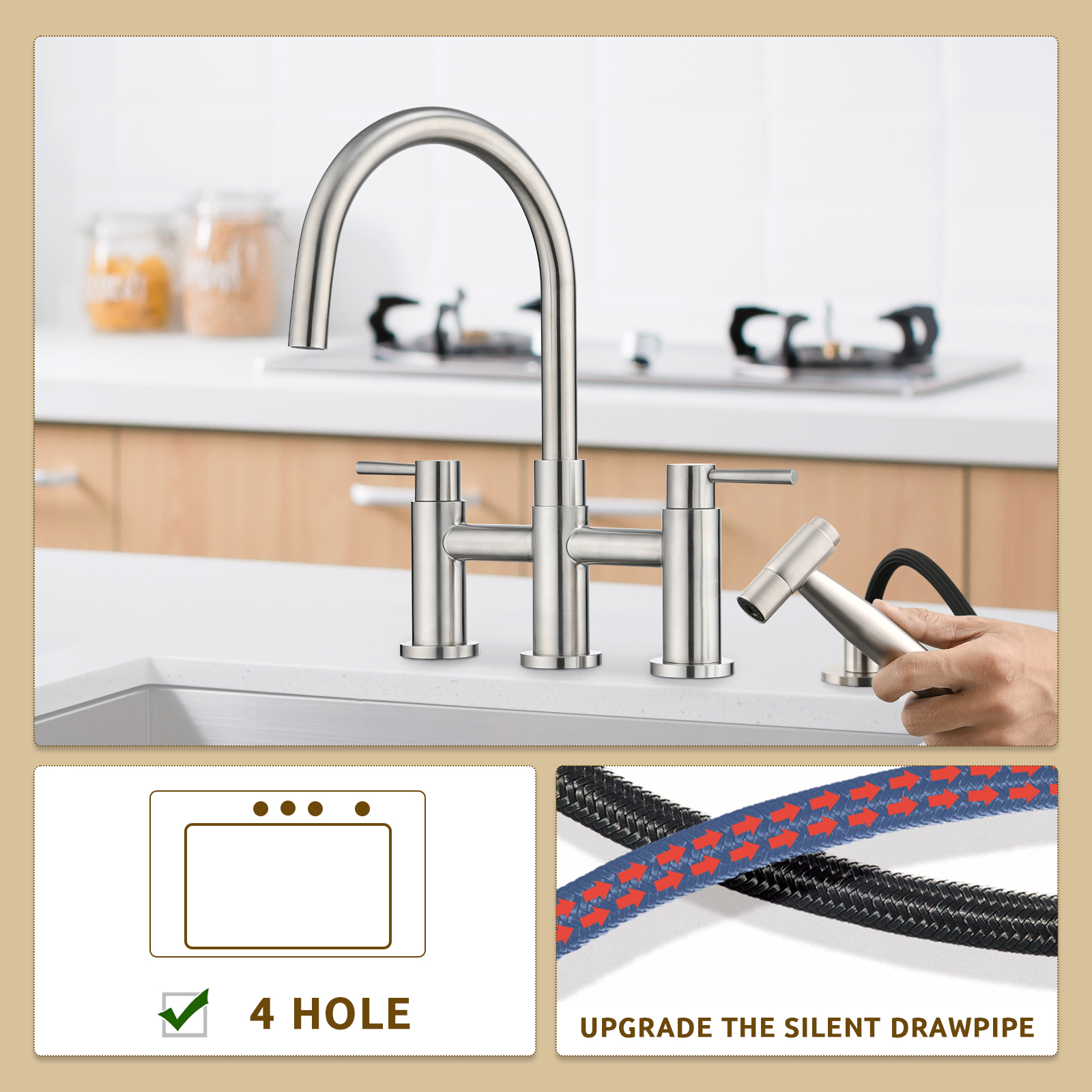 RV Kitchen Sink Faucet Brushed Gold Kitchen Faucet with Side Sprayer 3 Holes Double Handle 304 Stainless Steel 360 Swivel Rotation Faucet for Outdoor Farmhouse Camper Laundry RV Bar