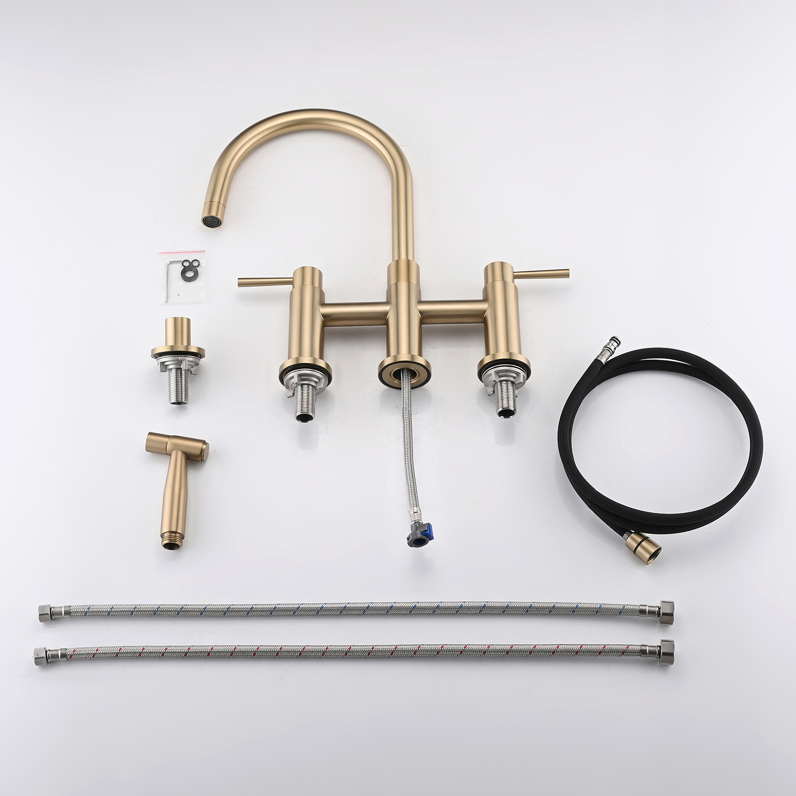 RV Kitchen Sink Faucet Brushed Gold Kitchen Faucet with Side Sprayer 3 Holes Double Handle 304 Stainless Steel 360 Swivel Rotation Faucet for Outdoor Farmhouse Camper Laundry RV Bar