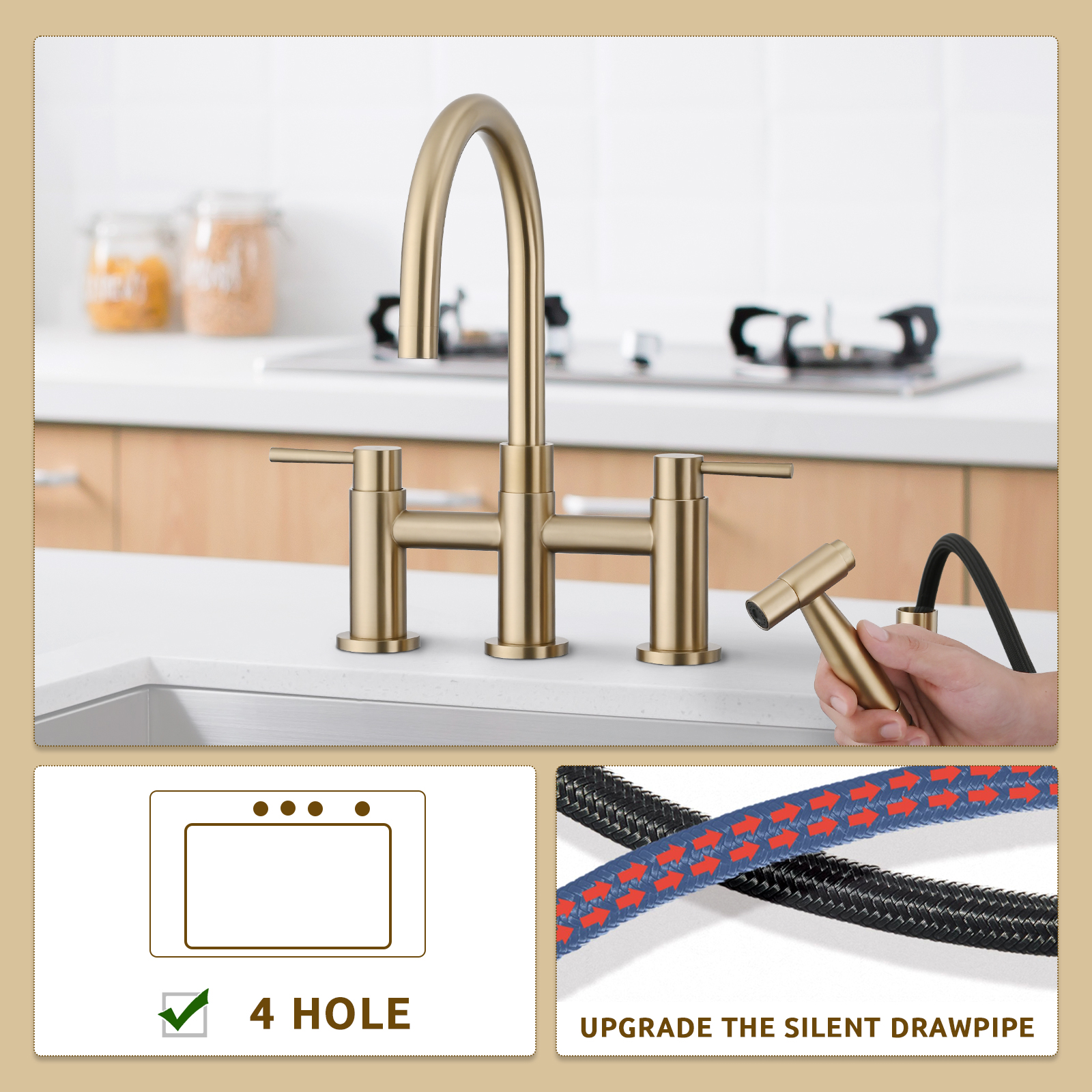 RV Kitchen Sink Faucet Brushed Gold Kitchen Faucet with Side Sprayer 3 Holes Double Handle 304 Stainless Steel 360 Swivel Rotation Faucet for Outdoor Farmhouse Camper Laundry RV Bar