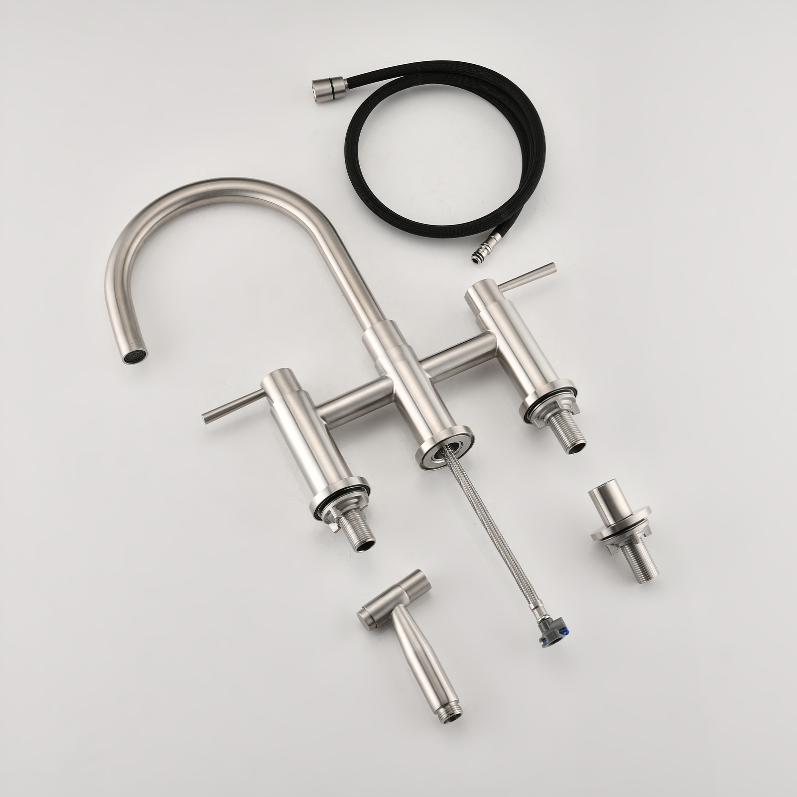 RV Kitchen Sink Faucet Brushed Gold Kitchen Faucet with Side Sprayer 3 Holes Double Handle 304 Stainless Steel 360 Swivel Rotation Faucet for Outdoor Farmhouse Camper Laundry RV Bar