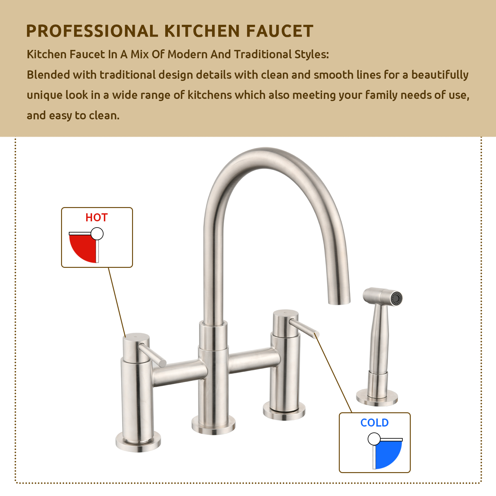 RV Kitchen Sink Faucet Brushed Gold Kitchen Faucet with Side Sprayer 3 Holes Double Handle 304 Stainless Steel 360 Swivel Rotation Faucet for Outdoor Farmhouse Camper Laundry RV Bar
