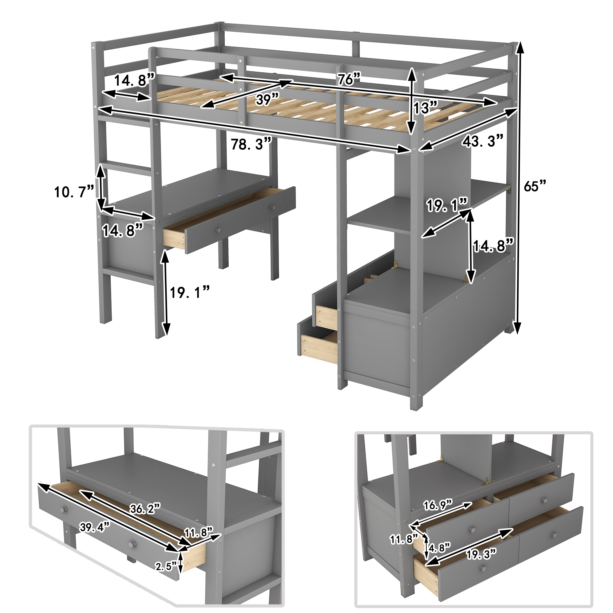Twin Size Loft Bed with Built-in Desk with Two Drawers, and Storage Shelves and Drawers,White/Gray