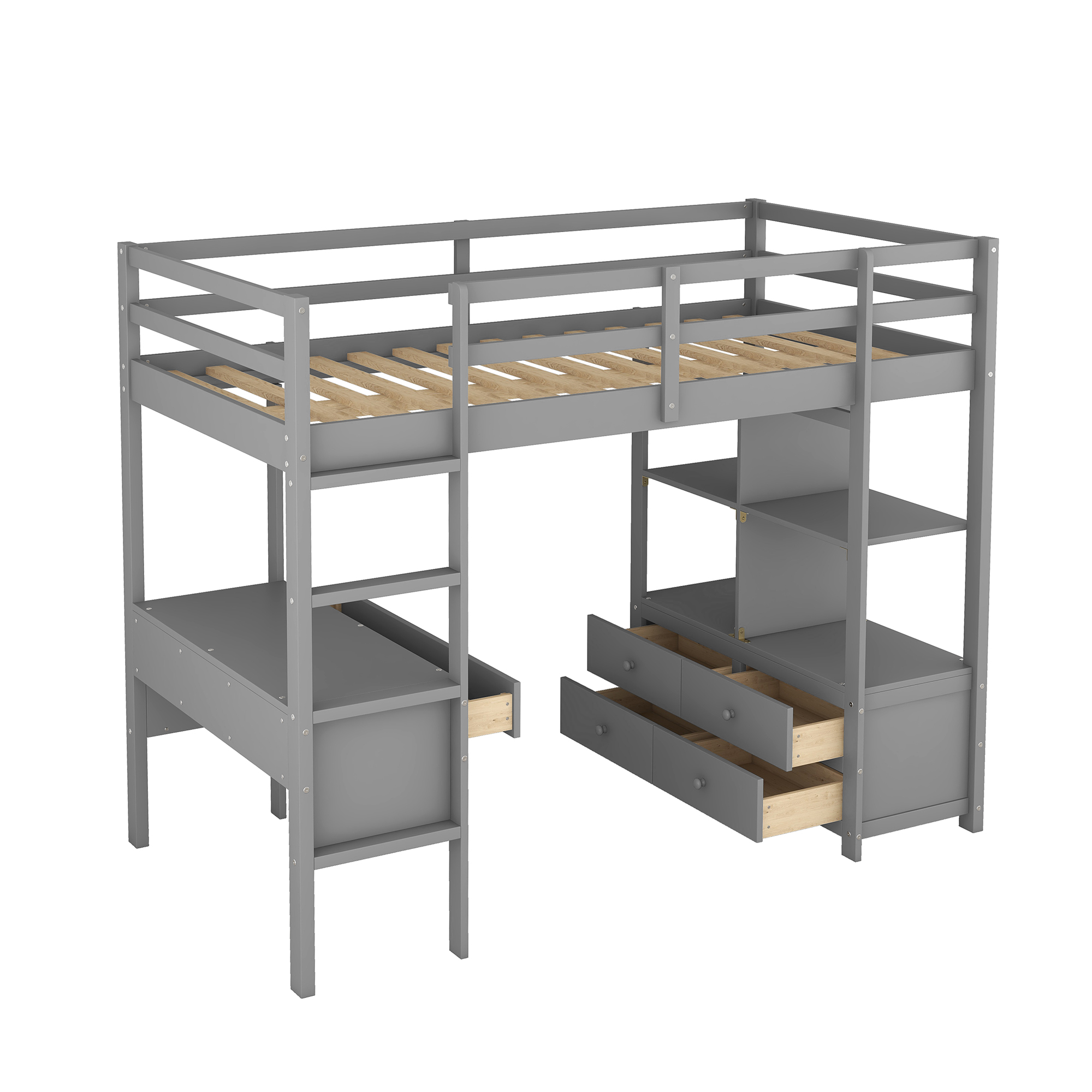 Twin Size Loft Bed with Built-in Desk with Two Drawers, and Storage Shelves and Drawers,White/Gray