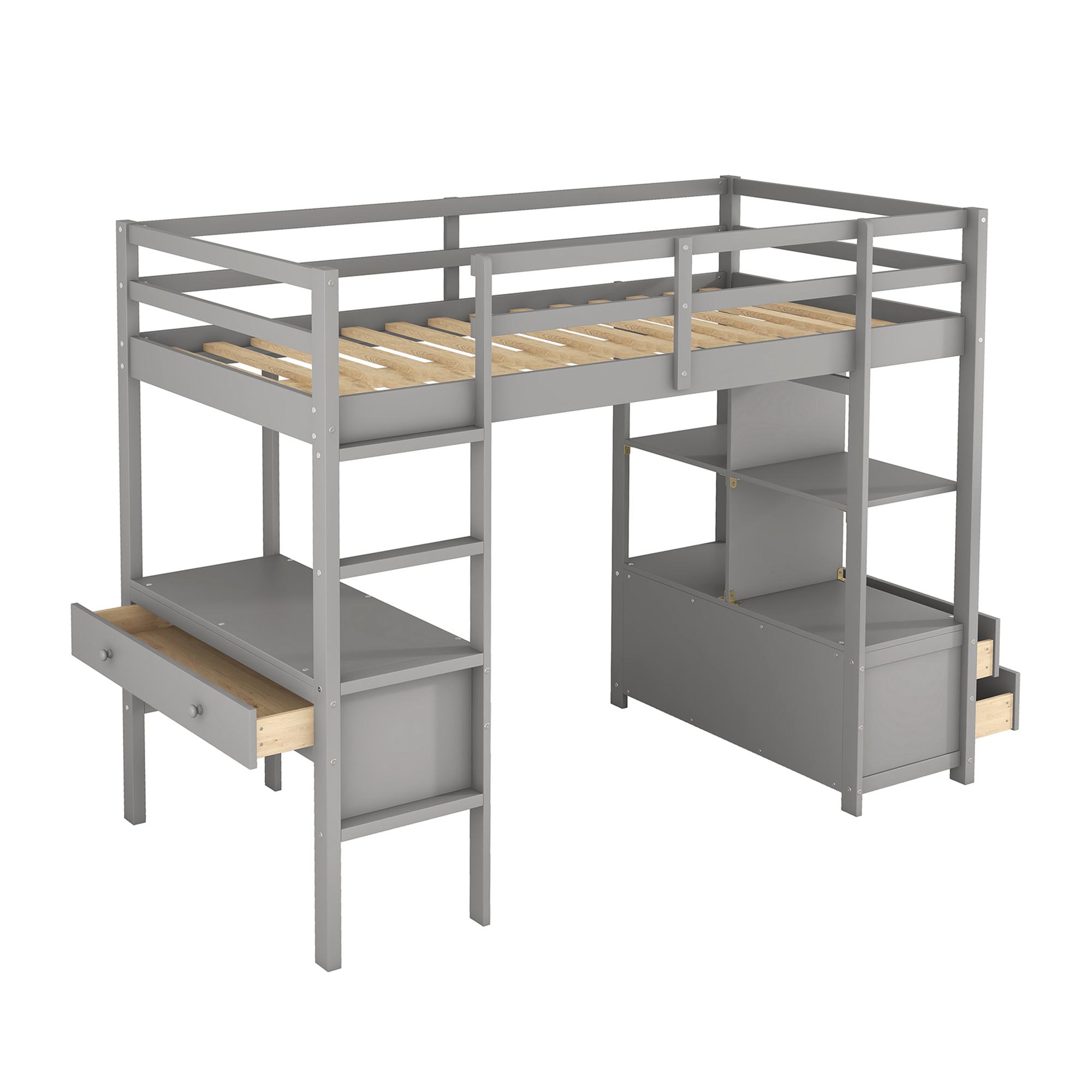 Twin Size Loft Bed with Built-in Desk with Two Drawers, and Storage Shelves and Drawers,White/Gray
