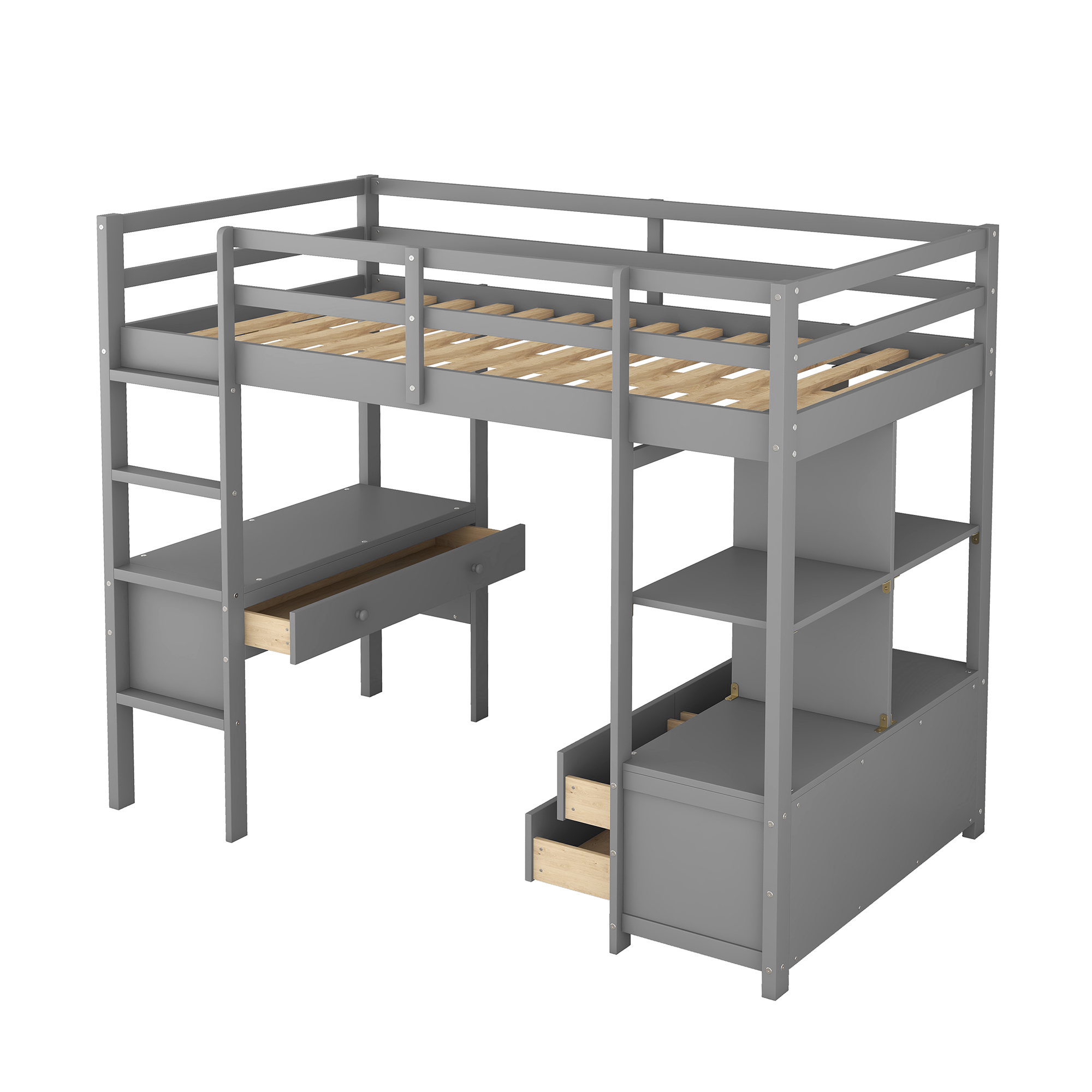 Twin Size Loft Bed with Built-in Desk with Two Drawers, and Storage Shelves and Drawers,White/Gray