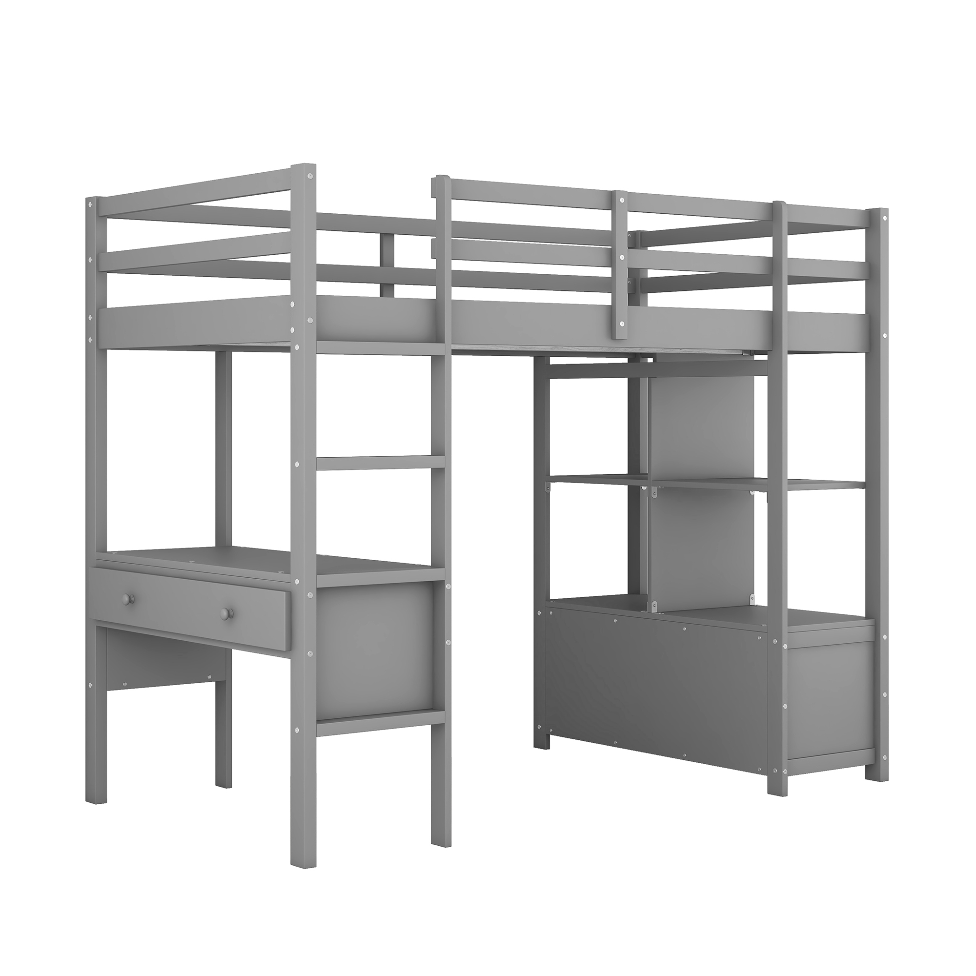 Twin Size Loft Bed with Built-in Desk with Two Drawers, and Storage Shelves and Drawers,White/Gray