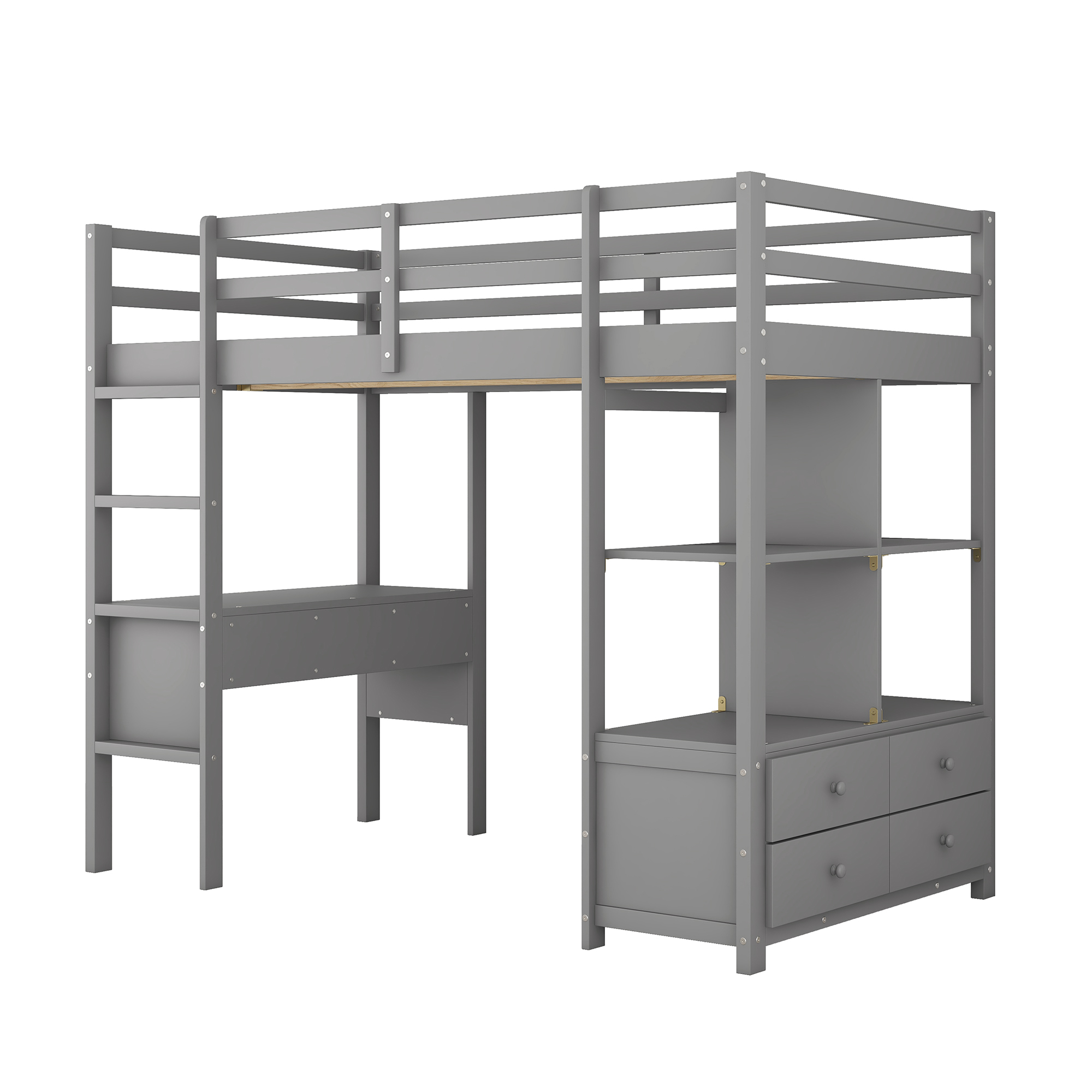 Twin Size Loft Bed with Built-in Desk with Two Drawers, and Storage Shelves and Drawers,White/Gray