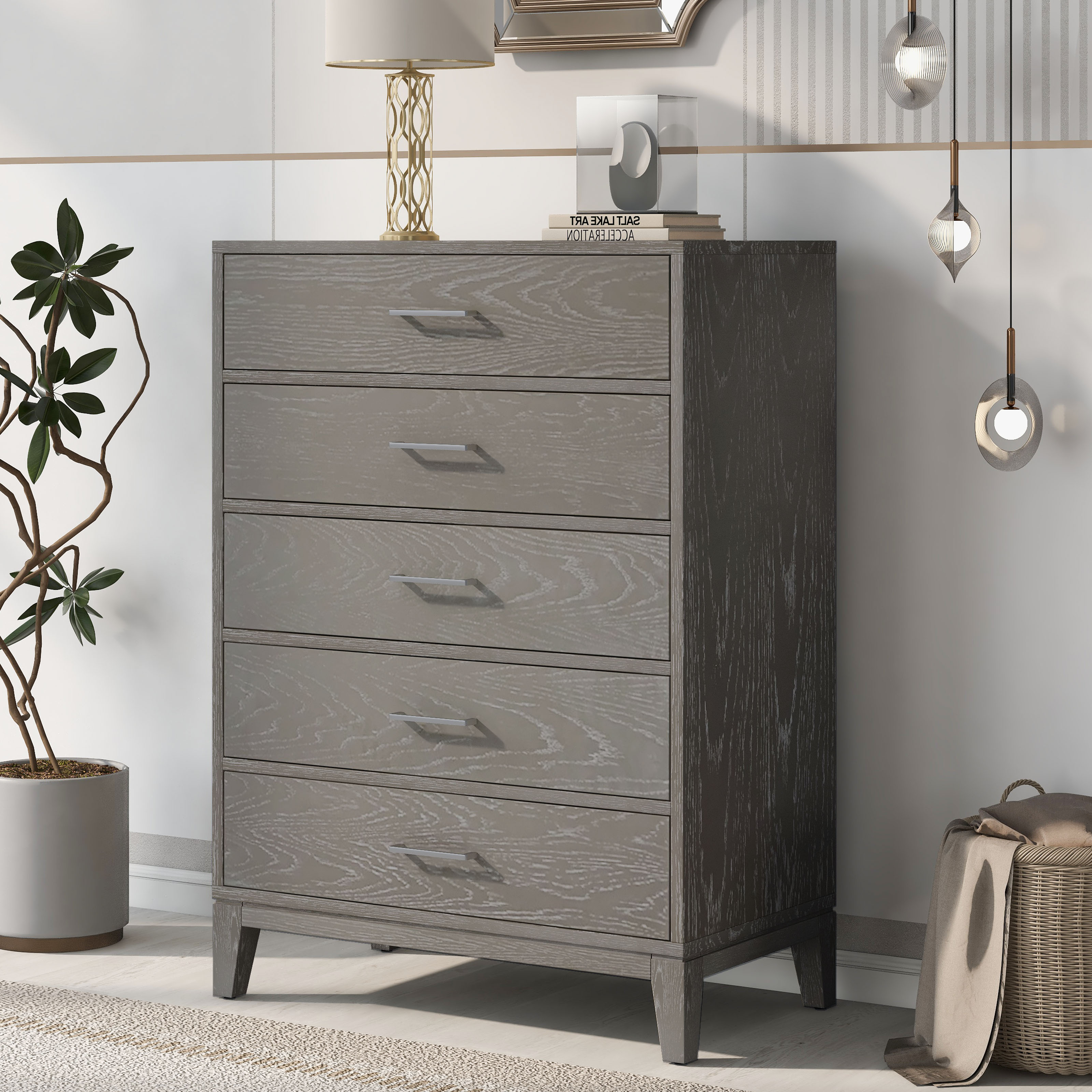 Modern Concise Style Solid Wood Grey Grain Five-Drawer Chest - Gray - 5-Drawer