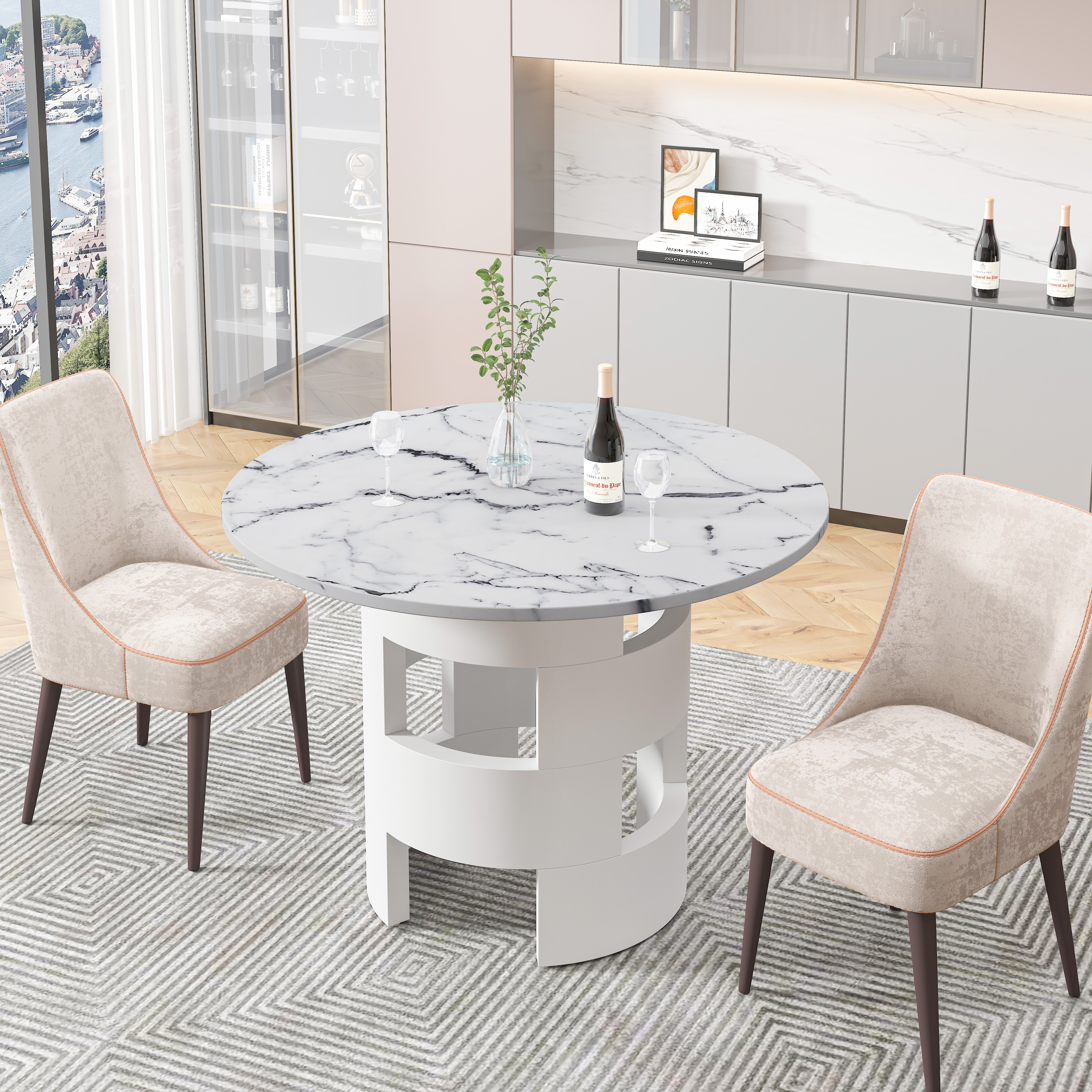 42.12"Modern Round Dining Table with Printed White Marble Table Top for Dining Room, Kitchen, Living Room