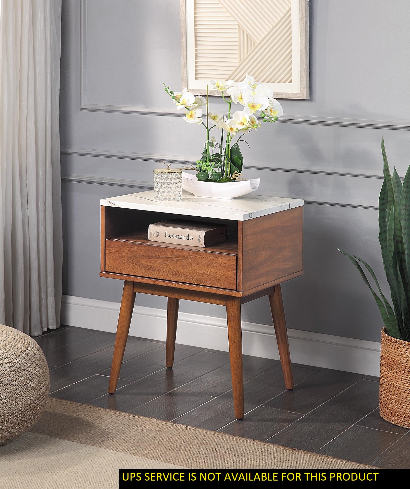Walnut Finish 1pc End Table with Faux Marble and Drawer Shelf Living Room Furniture Side Table