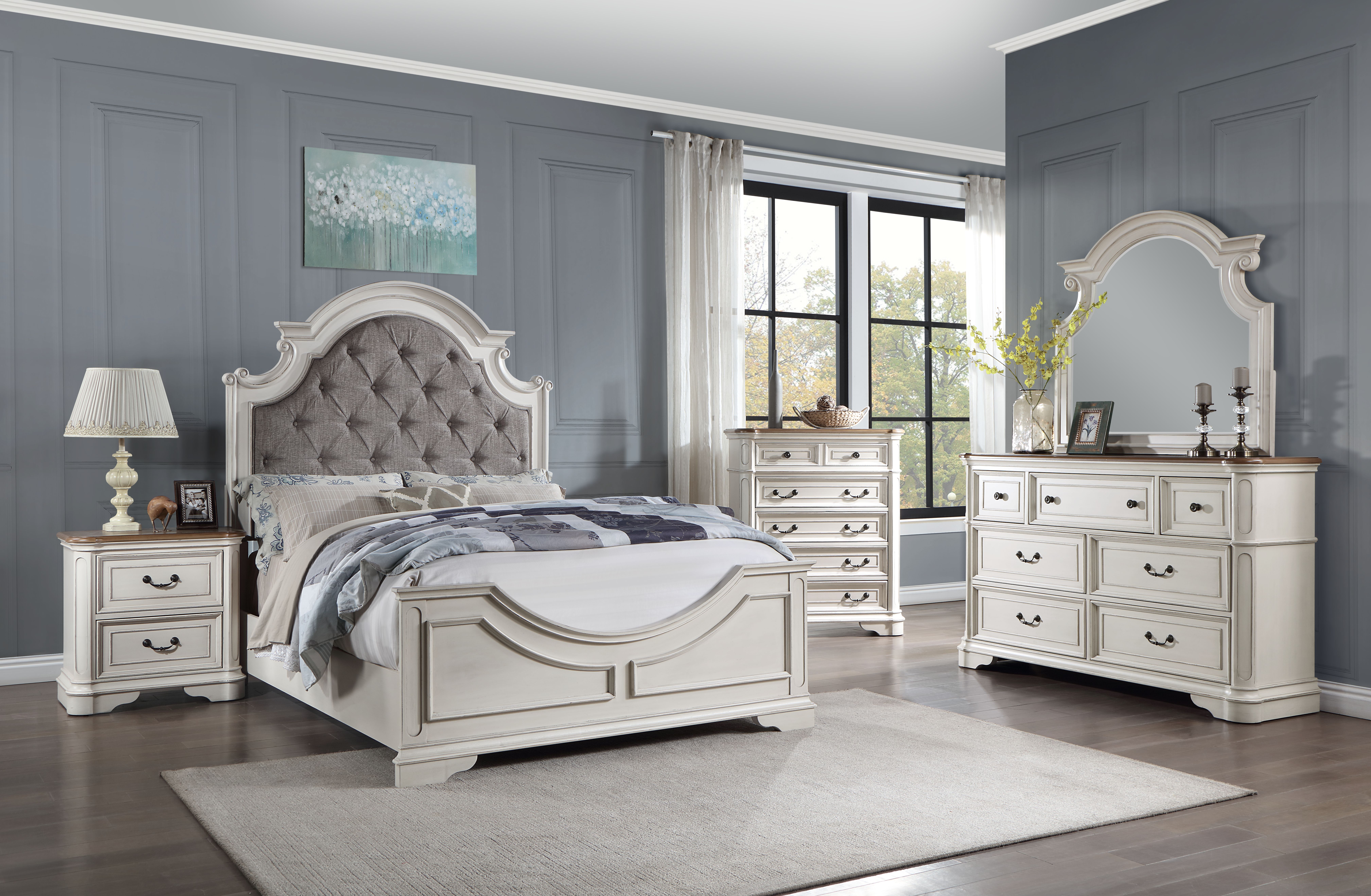 ACME Florian Queen Bed in Gray Fabric & Antique White Finish BD01648Q
