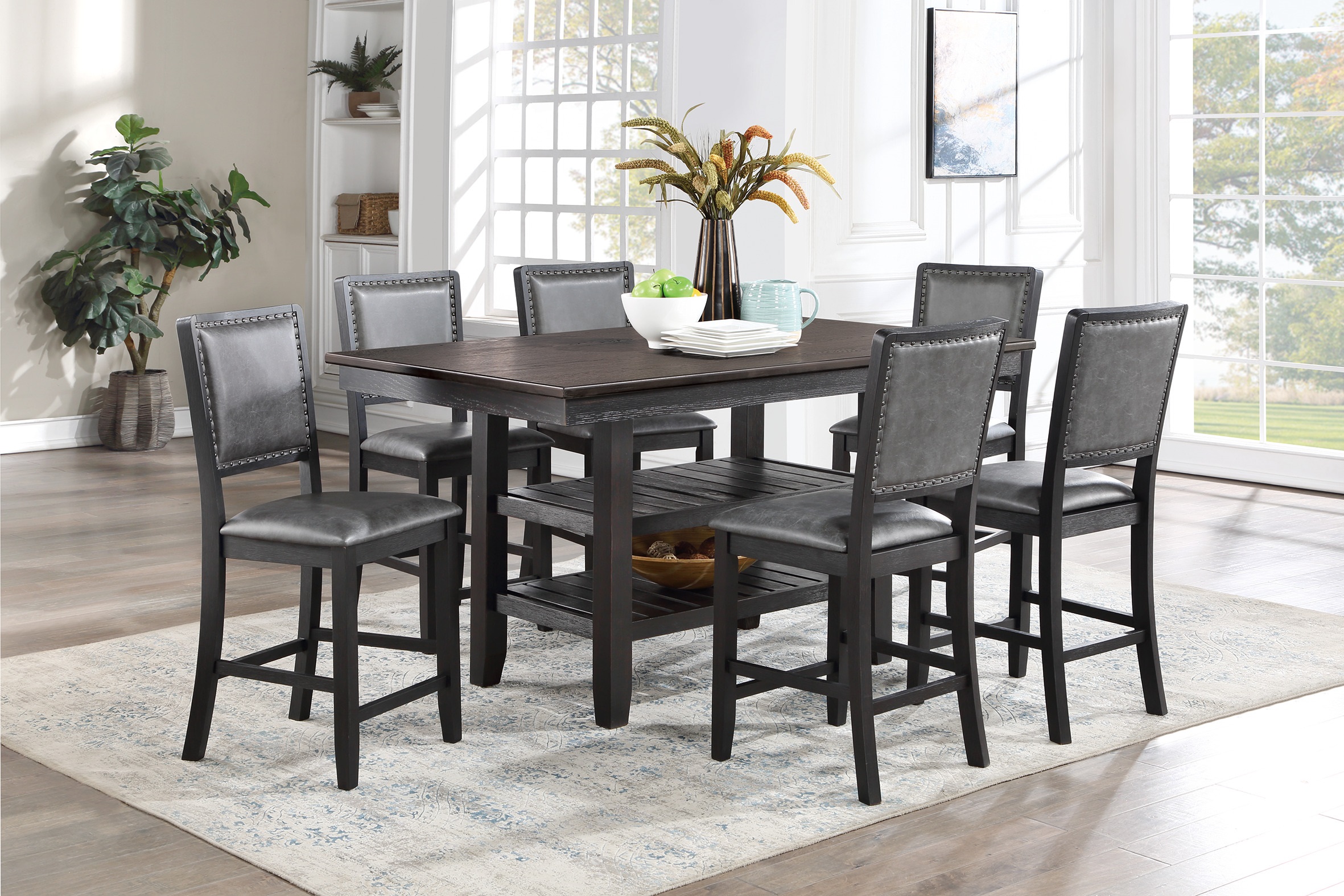Contemporary Dining Room 7pc Set Grey Finish PU Counter Height Dining Table w Shelf and 6x High Chairs Fabric Upholstered seats Back Counter Height Chairs