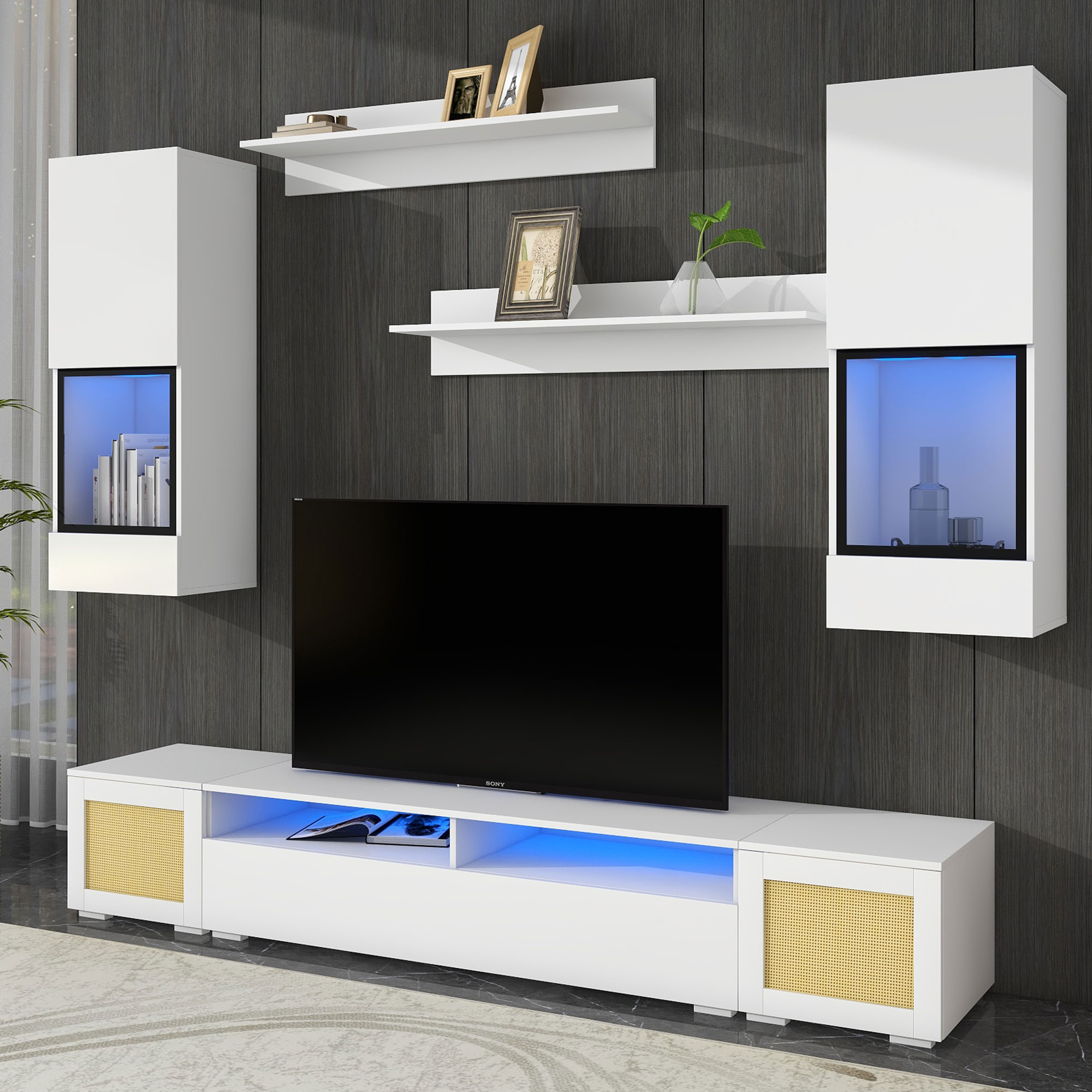 ON-TREND Extended, Rattan Style Entertainment Center, 7 Pieces Floating TV Console Table for TVs Up to 90”, High Gloss Wall Mounted TV Stand with Color Changing LED Lights for Home Theatre, White.