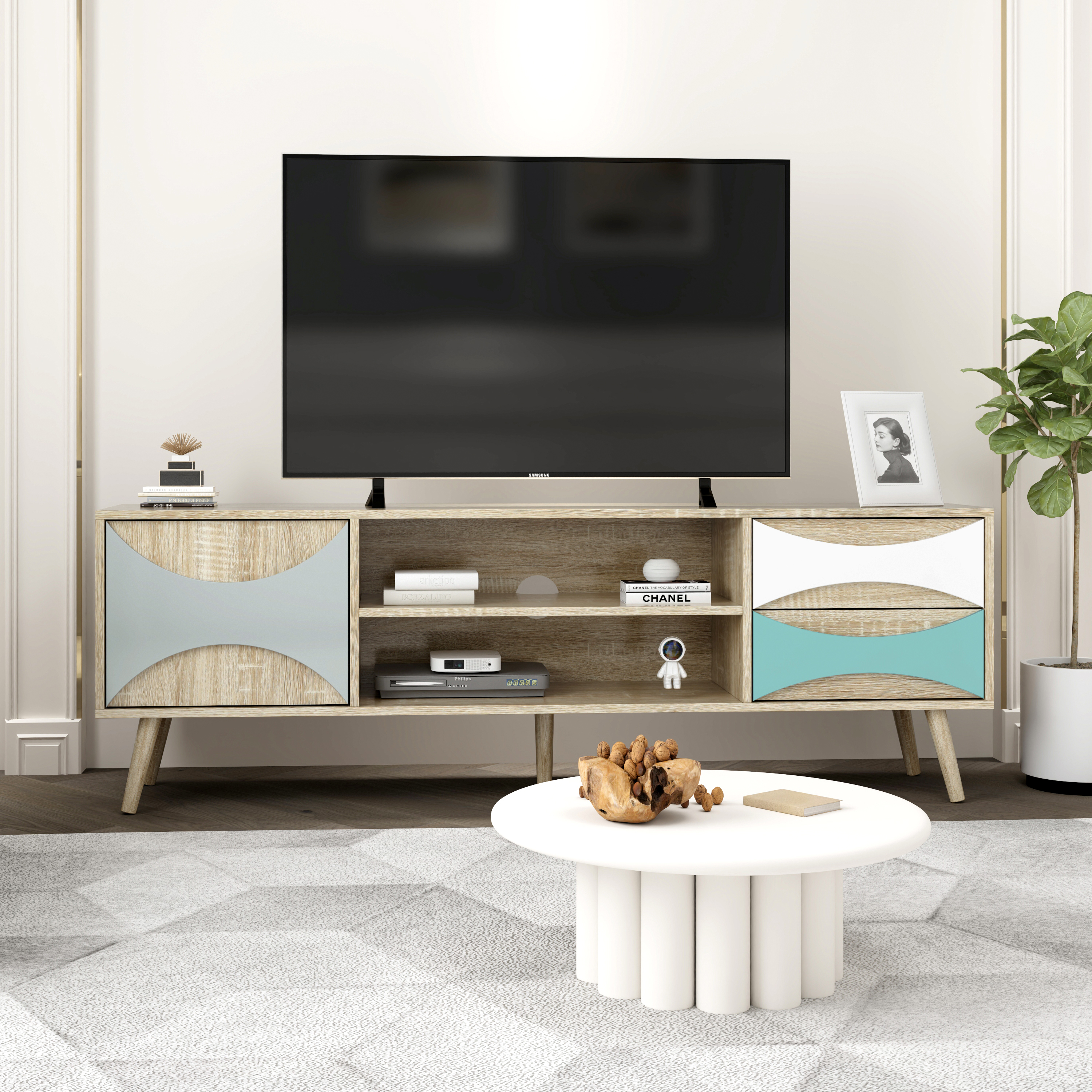 Wood TV Stand with Storage Cabinet and Shelves, TV Console Table for Living Room,  Walnut