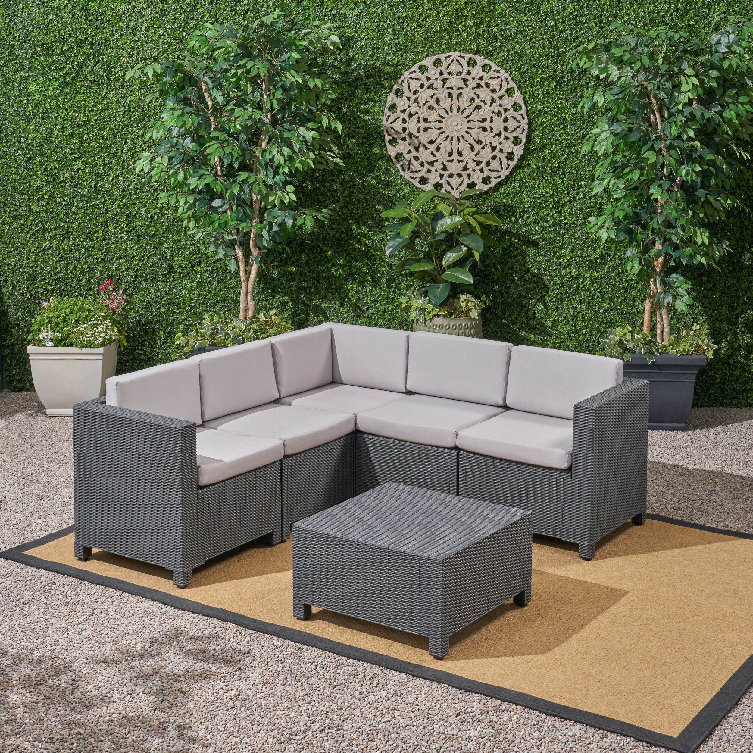 Riley Outdoor All Weather Faux Wicker 5 Seater Sectional Sofa Set with Cushions Dark Grey+Grey