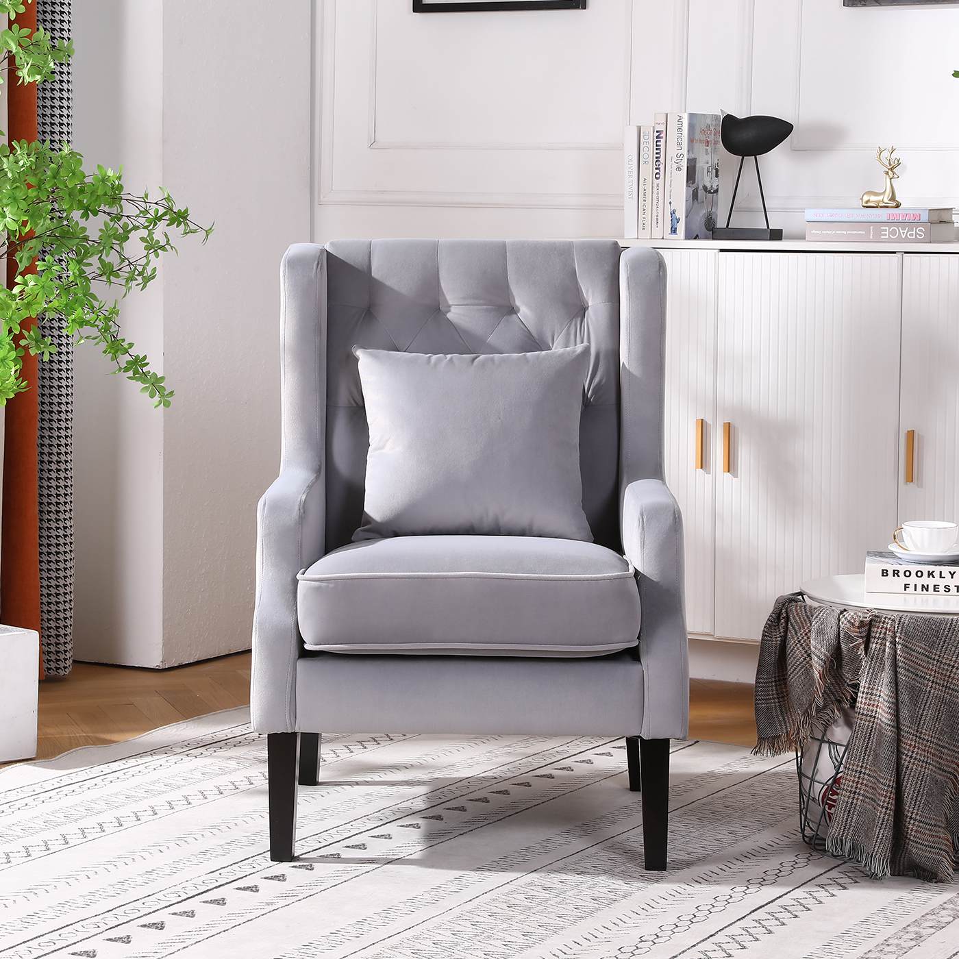 Vanbow.Modern chair with backrest, Bedroom, Living room, Reading chair(Light Grey)