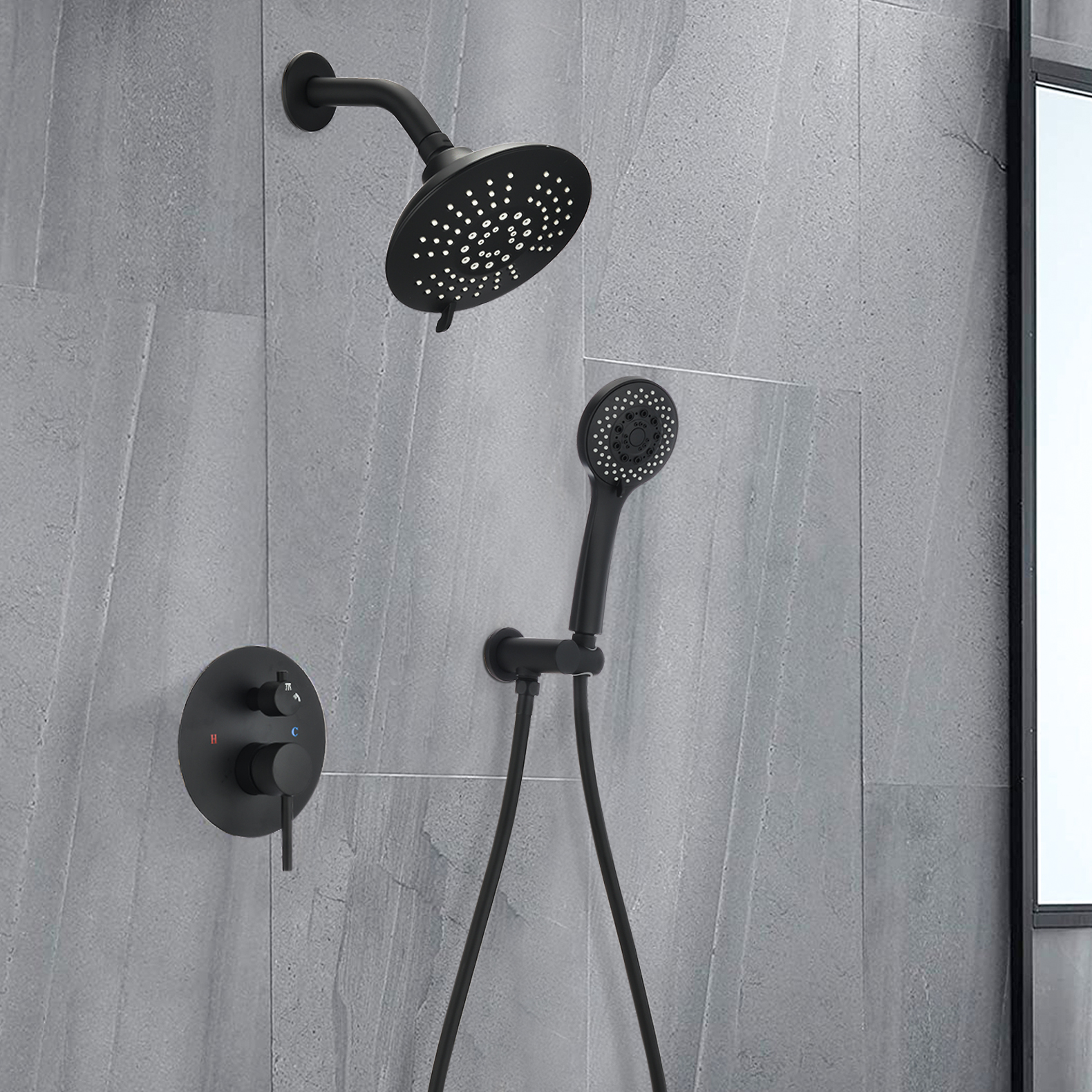 Round Shower System Wall Mounted Rain Mixer Combo Set Matte Black
