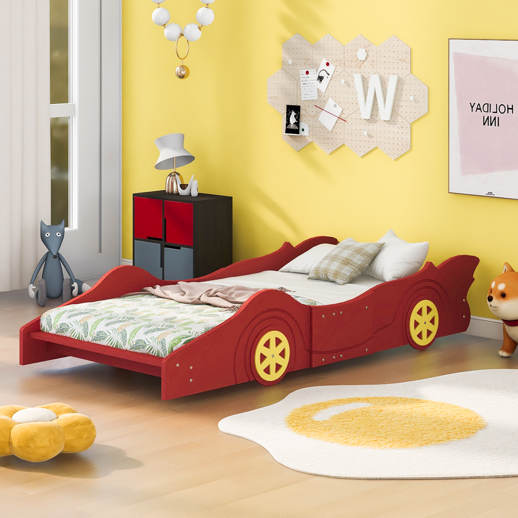 Twin Size Race Car-Shaped Platform Bed with Wheels,Red