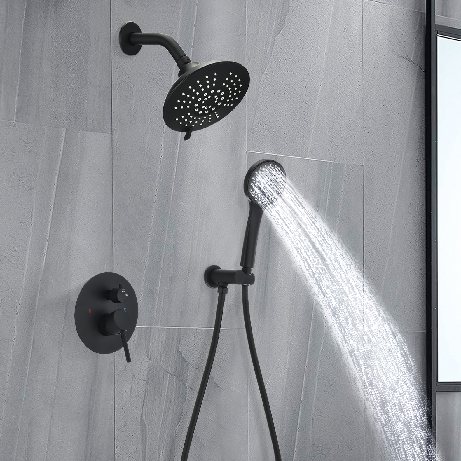Round Shower System Wall Mounted Rain Mixer Combo Set Matte Black