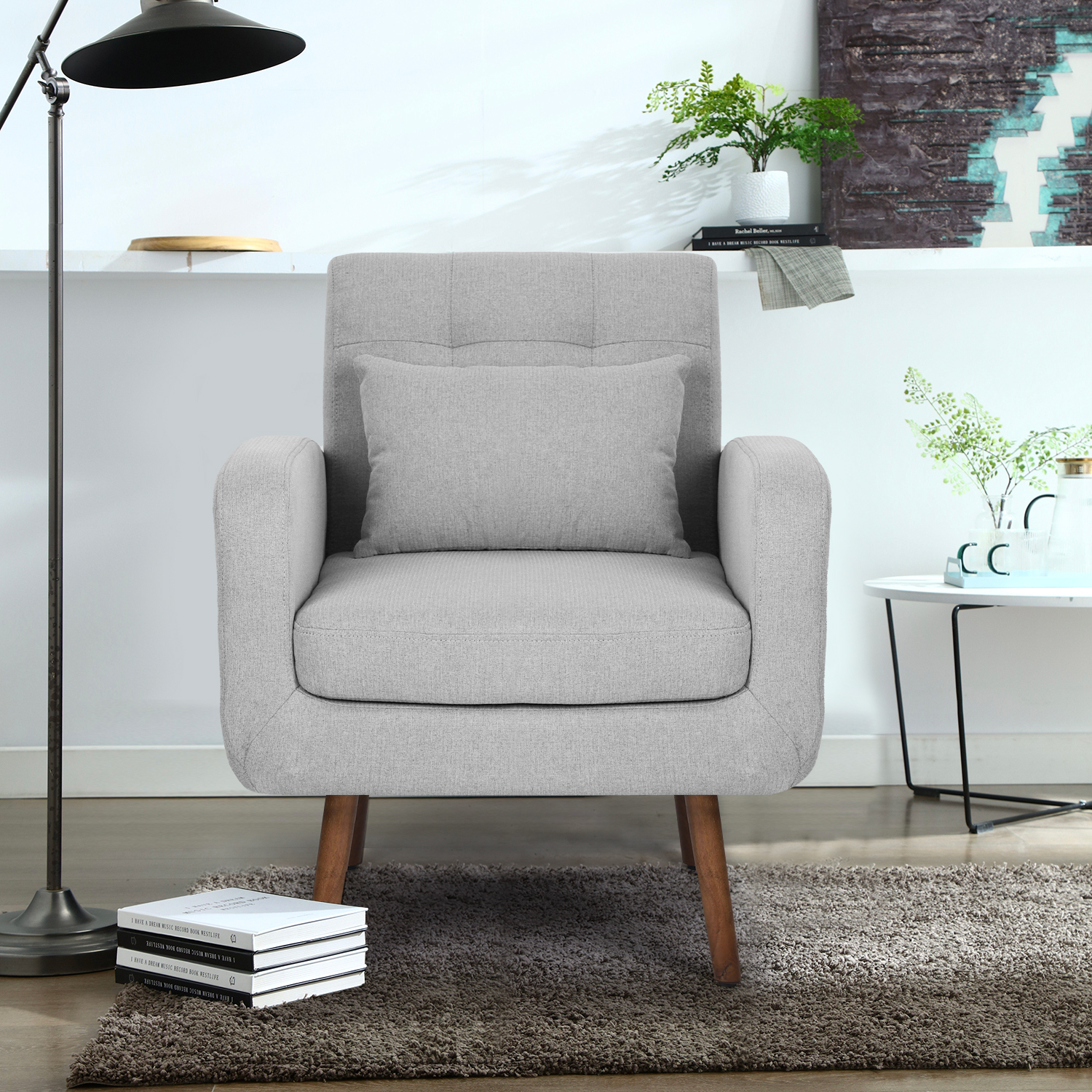 Vanbow.Linen Simple and Fashionable Wooden chair Leg  single back Chair, Suitable for Bedroom, Living room and Office(Light grey+Linen)