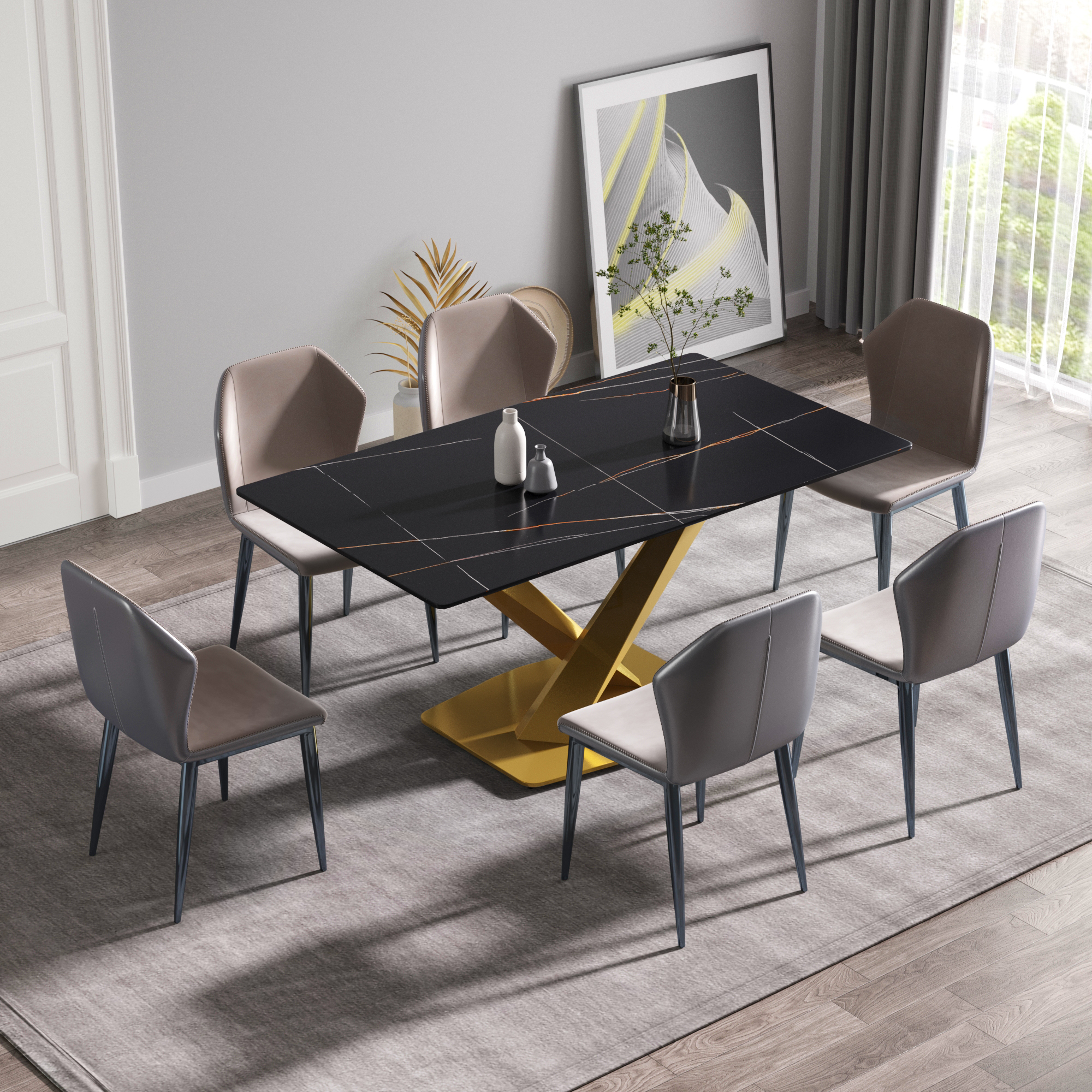 63-inch modern artificial stone black straight edge golden metal X-leg dining table -6 people