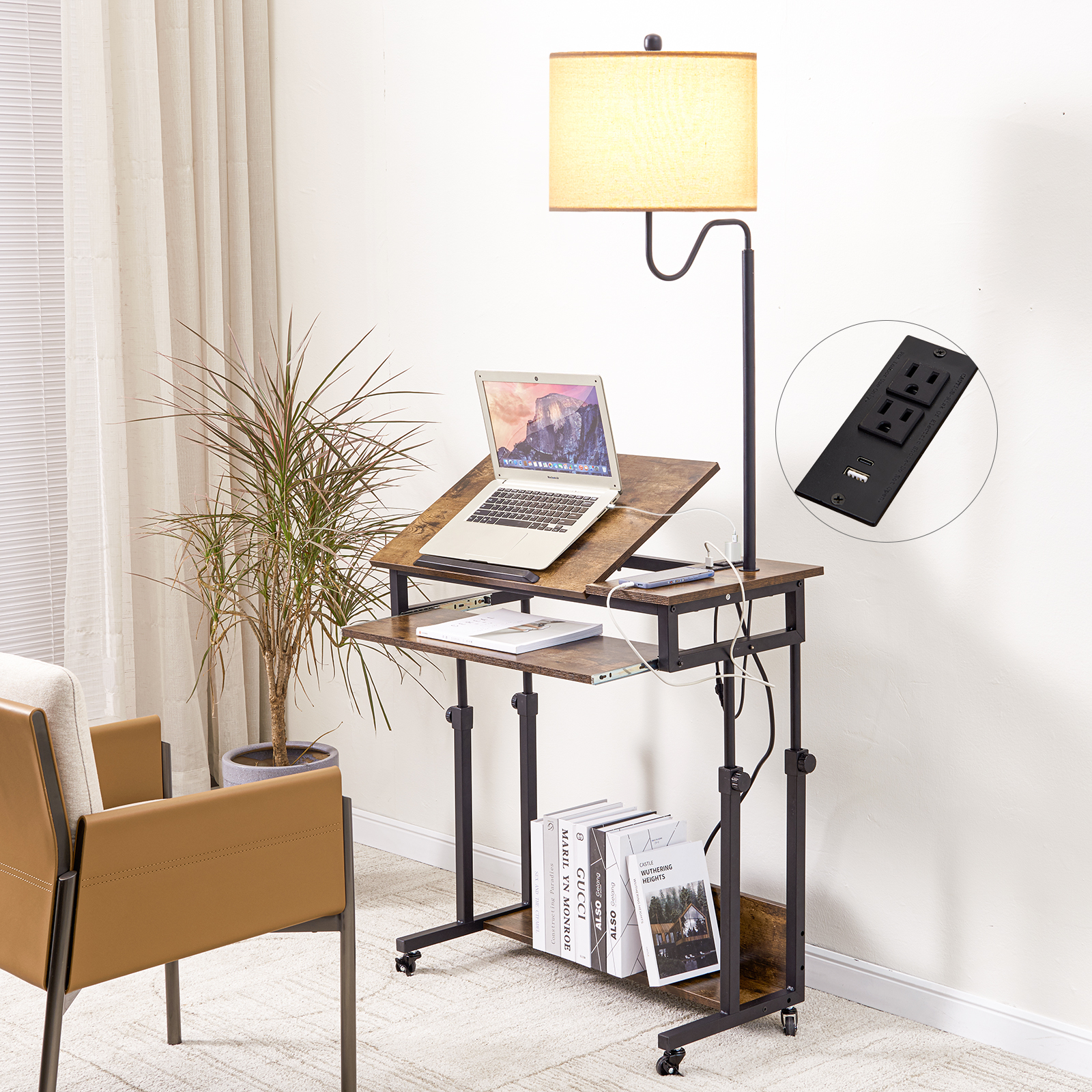 Desk with Floor Lamp, Wheels, Keyboard Tray