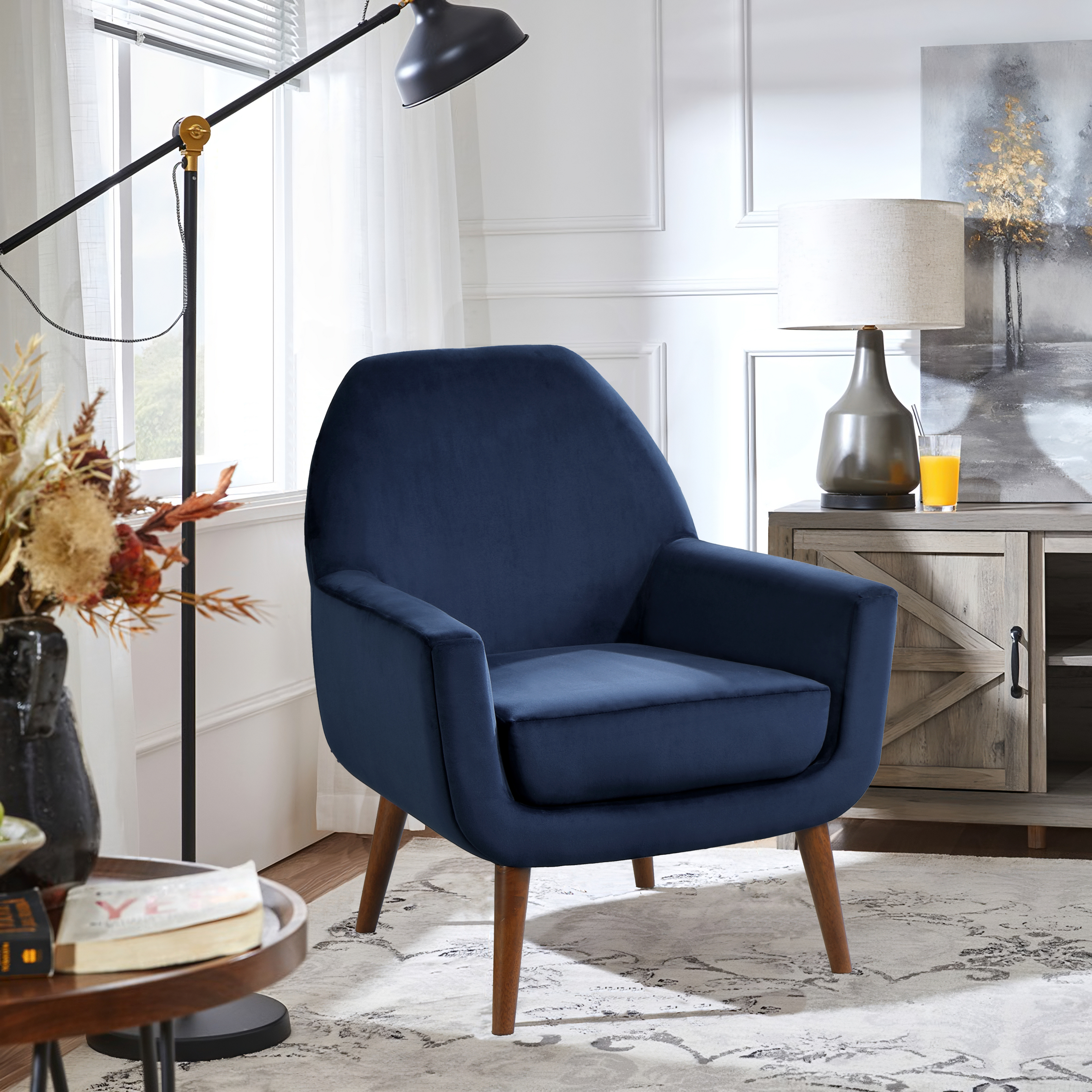 Astrid Mid-Century Navy Blue Velvet Arm Chair