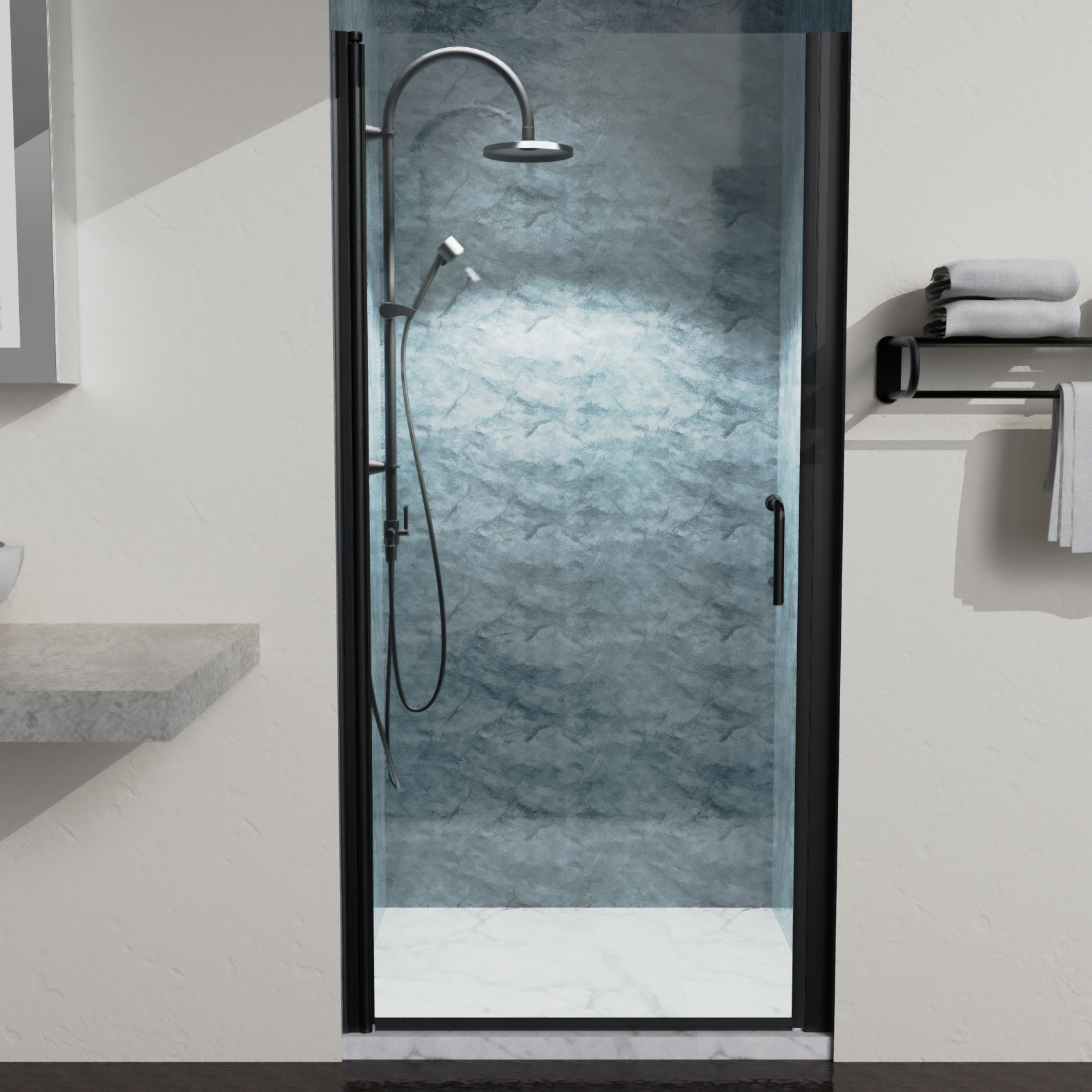 36 In. to 37-3/8 In. x 72 In Semi-Frameless Pivot Shower Door in Matte Black With Clear Glass