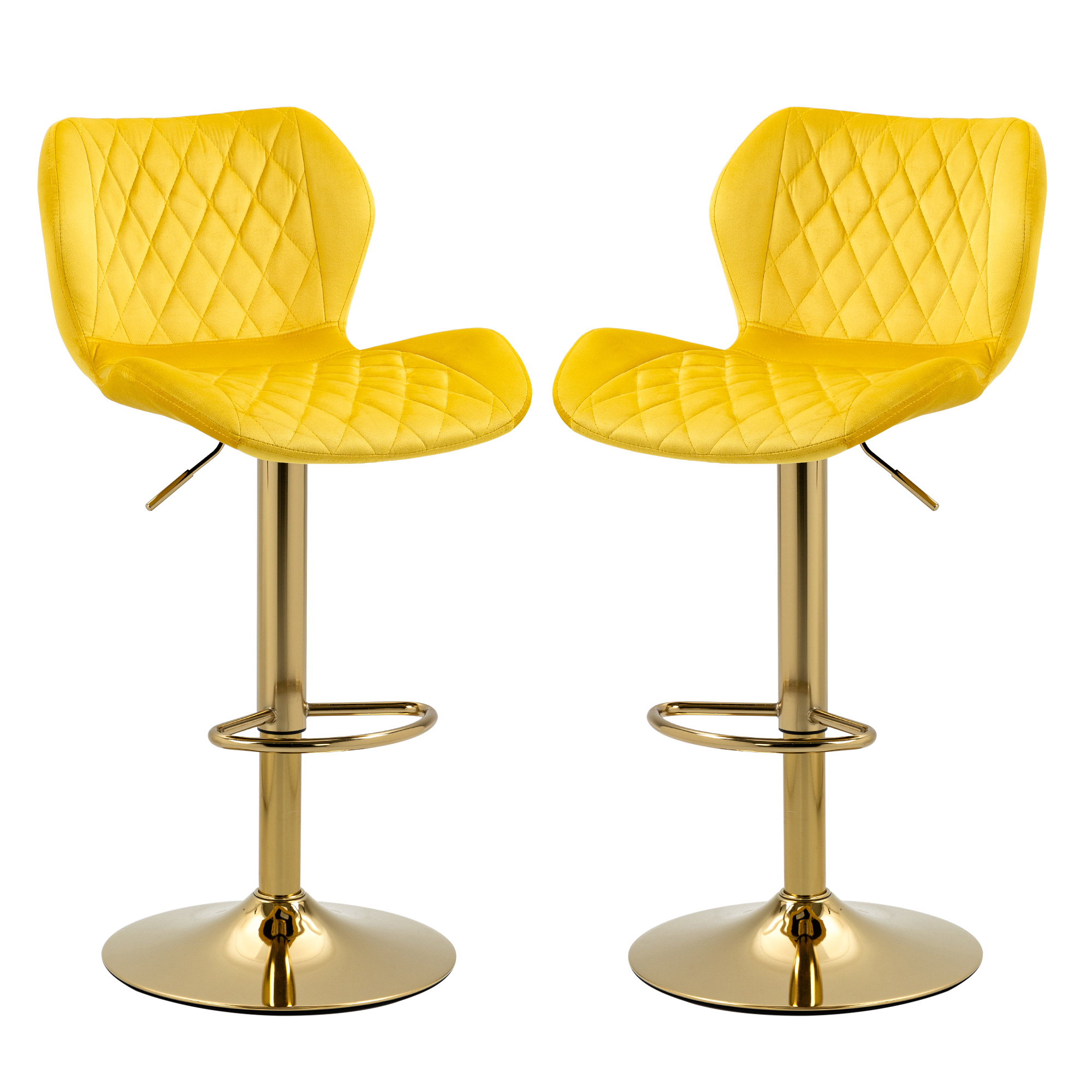 Yellow Velvet Adjustable Swivel Bar Stools Set Of 2 Modern Counter Height Barstools With Golden Color Base