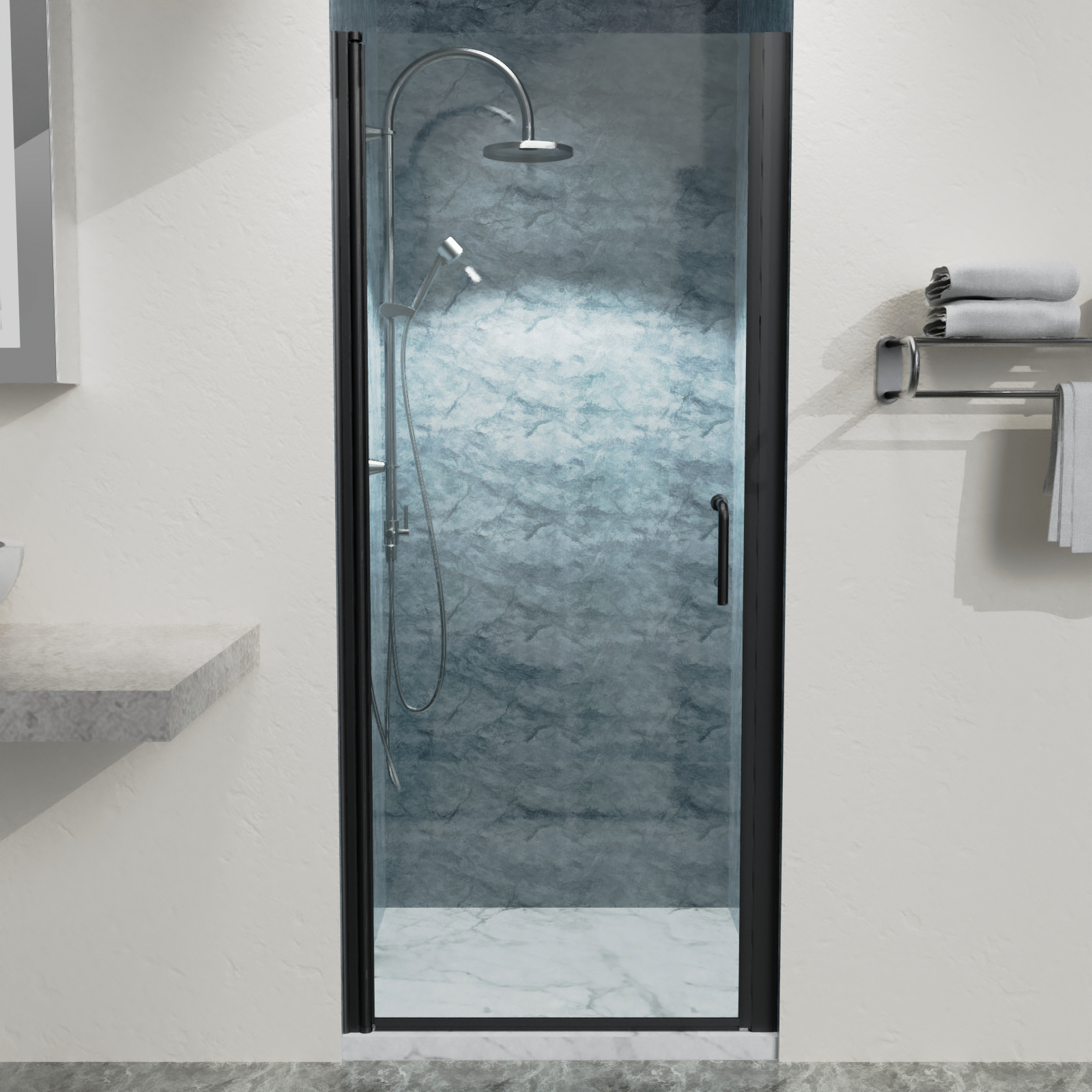 32 In. to 33-3/8 In. x 72 In Semi-Frameless Pivot Shower Door in Matte Black With Clear Glass