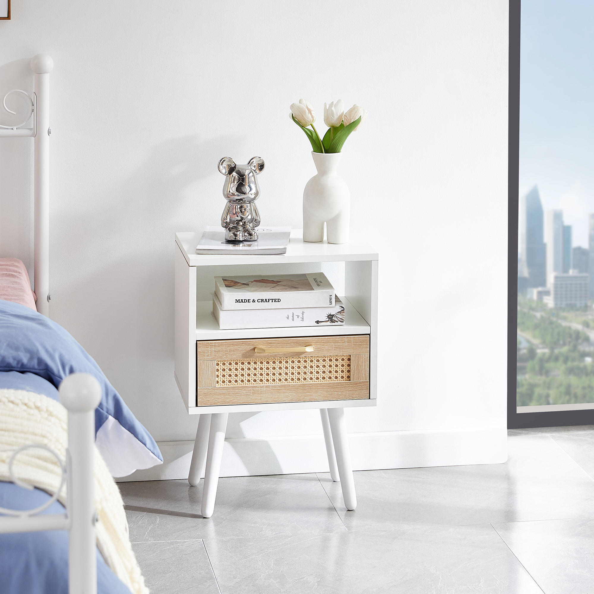 15.75" Rattan End table with  drawer and solid wood legs, Modern nightstand, side table for living roon, bedroom, white