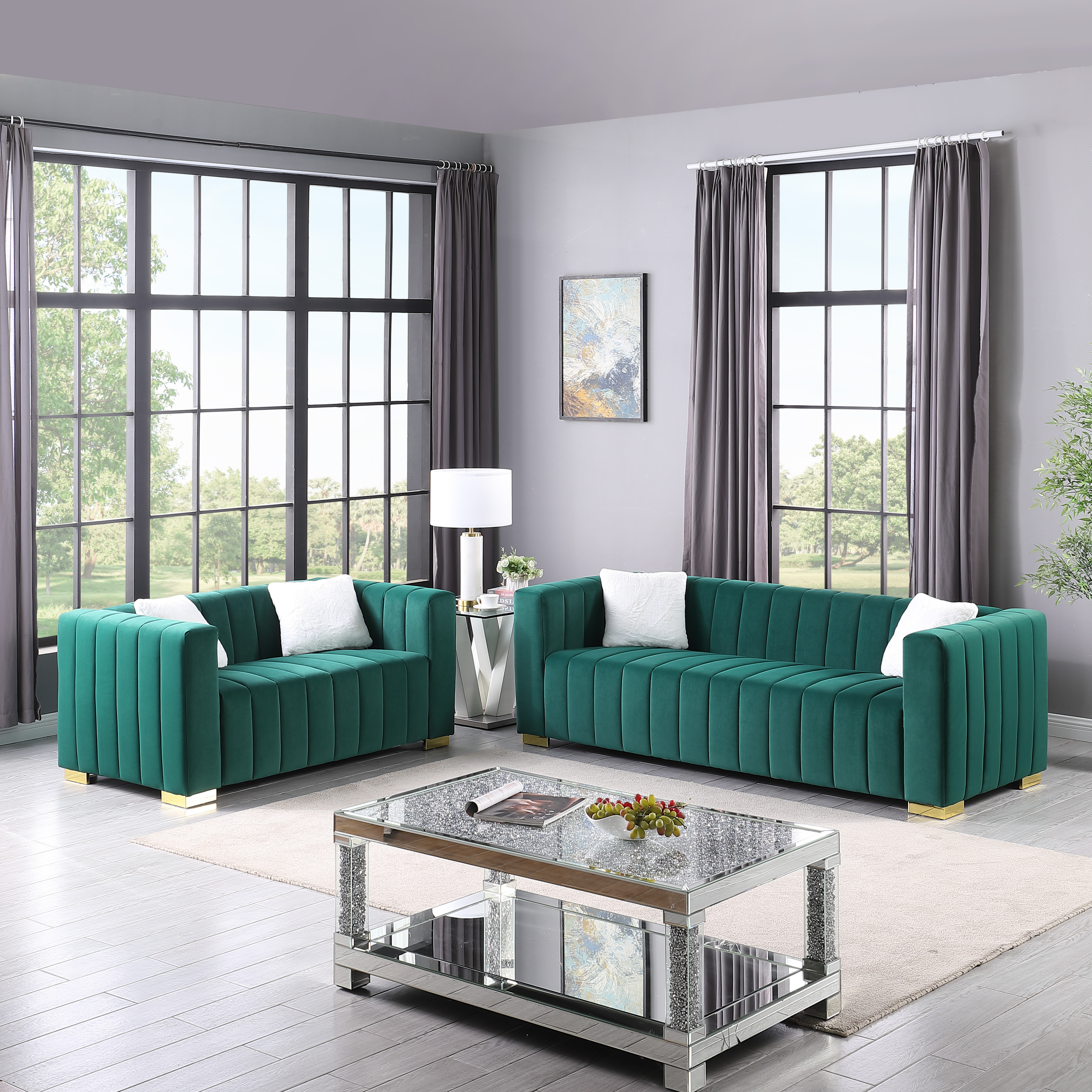 87" big size sofa,A modern  channel sofa  take on a traditional Chesterfield,Dark Green color,3 Seater and love seater