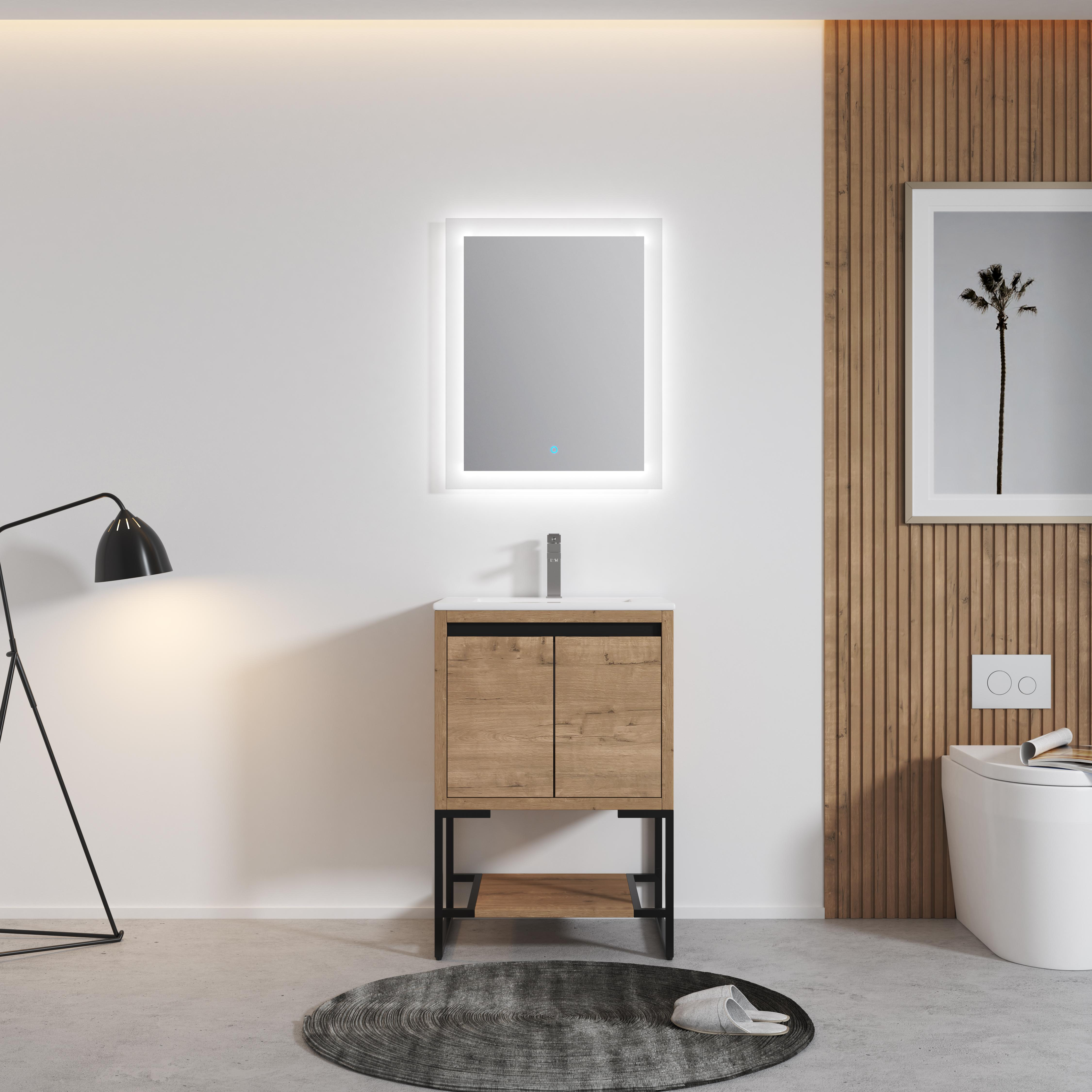 24" Freestanding Bathroom Vanity with White Resin Rectangle Sink, Soft-Close Cabinet Doors,Open Shelf for Towels