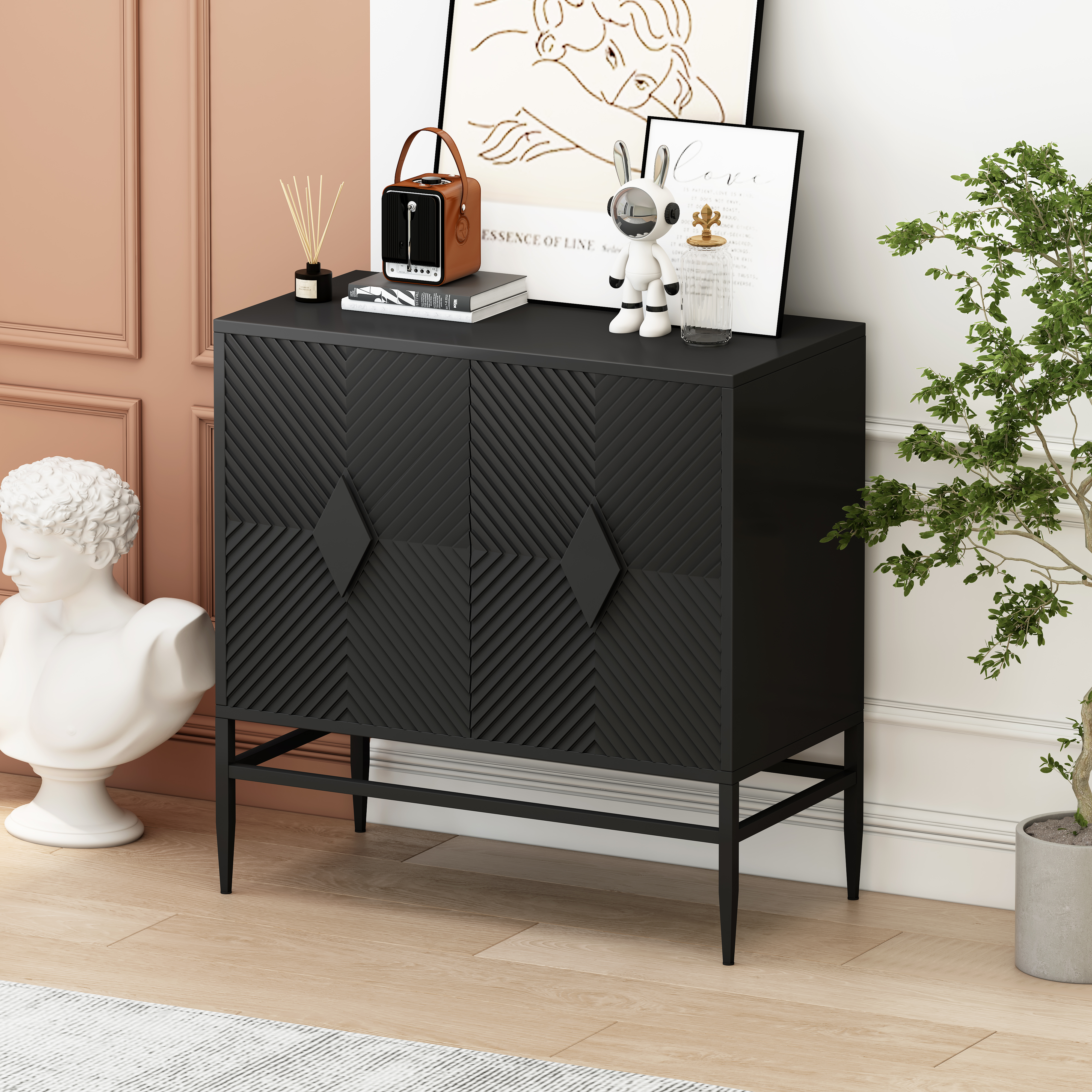 31.50" Modern 2 Door Wooden Cabinet with Featuring Two-tier Storage, for Office, Dining Room and Living Room, Painted in Black