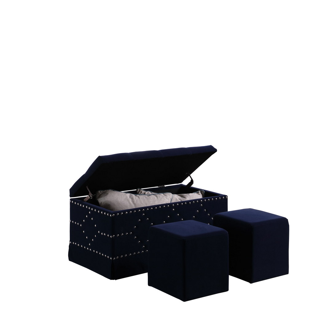 18" Tall Upholstered Storage Bench with Two additional seating, Indigo Blue
