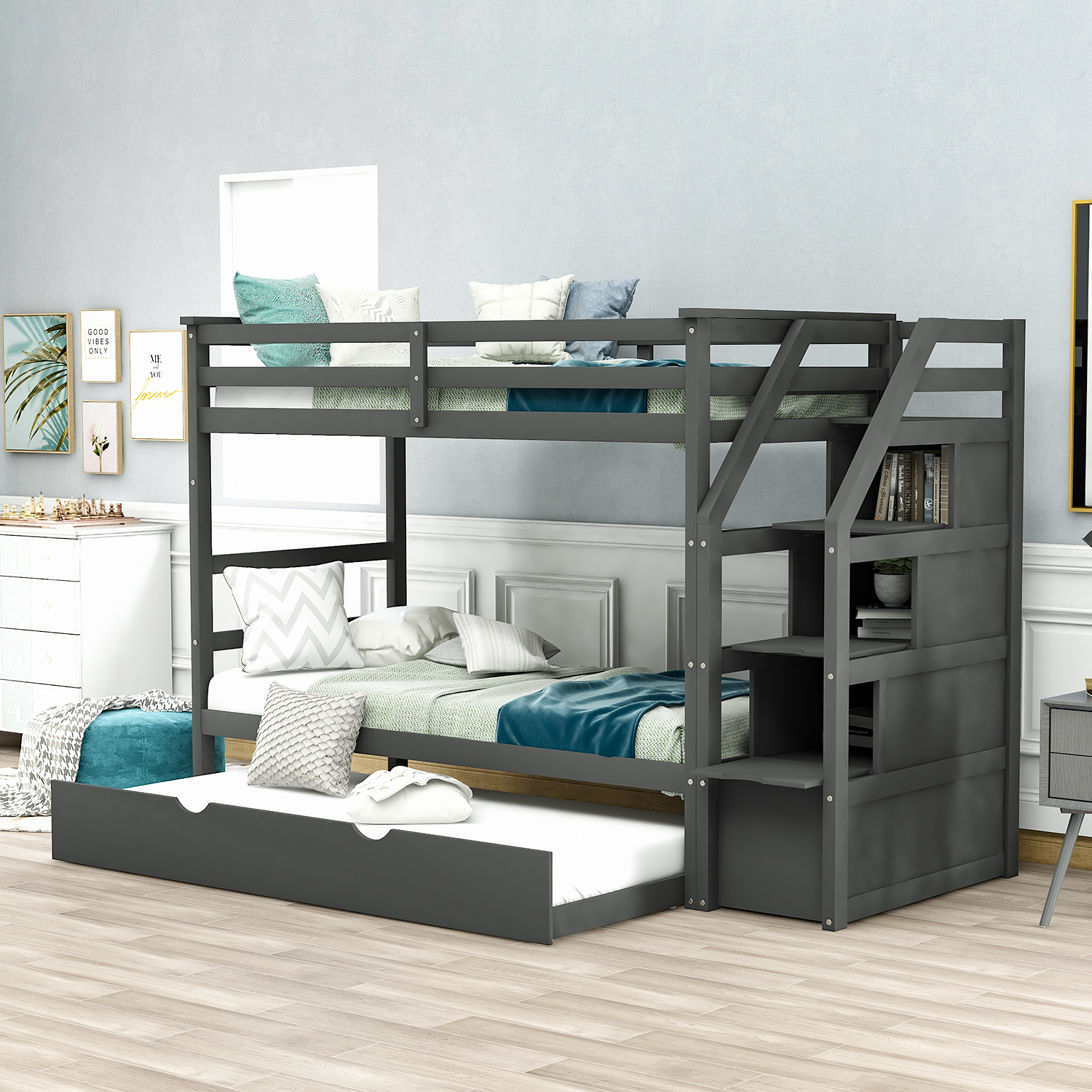 Twin-Over-Twin Bunk Bed with Twin Size Trundle and 3 Storage Stairs (Gray)-Boyel Living