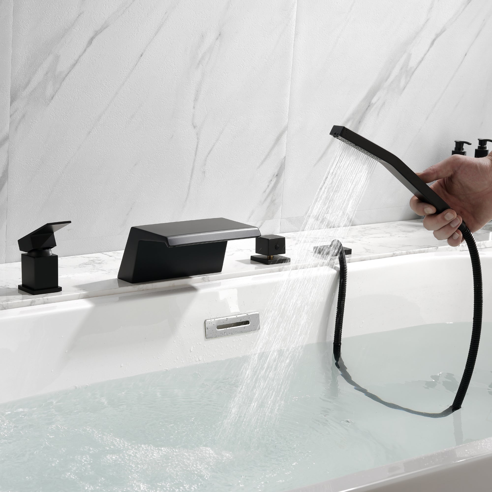 Boyel Living Bathtub Faucets Tub Deck Mount Roman Tub Faucet with Hand Shower and Water Suply Hose-Boyel Living