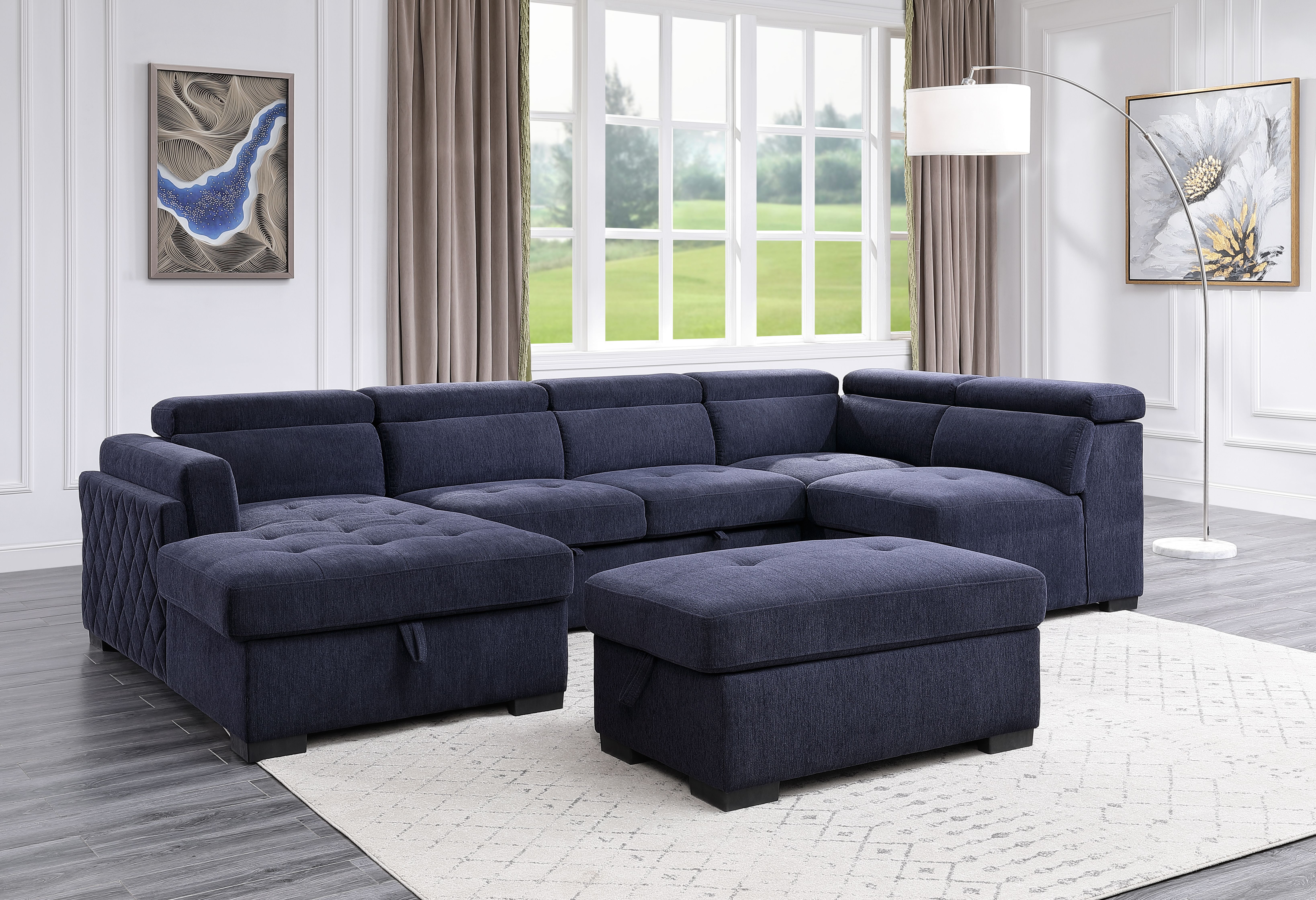 ACME Nekoda Storage Sleeper Sectional Sofa and Ottoman, Navy Blue Fabric-Boyel Living
