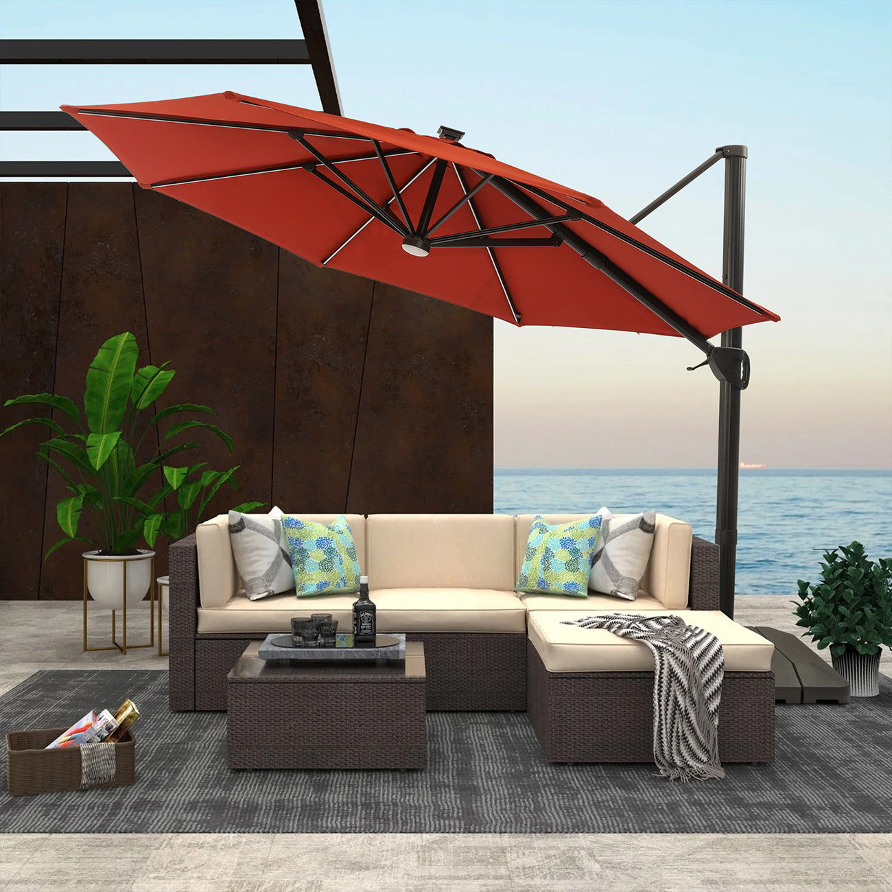 11Ft Solar Tube Light-Emitting Diode Patio Round Umbrella Outdoor Market Hanging Aluminum Umbrella with Crank and Base-Boyel Living