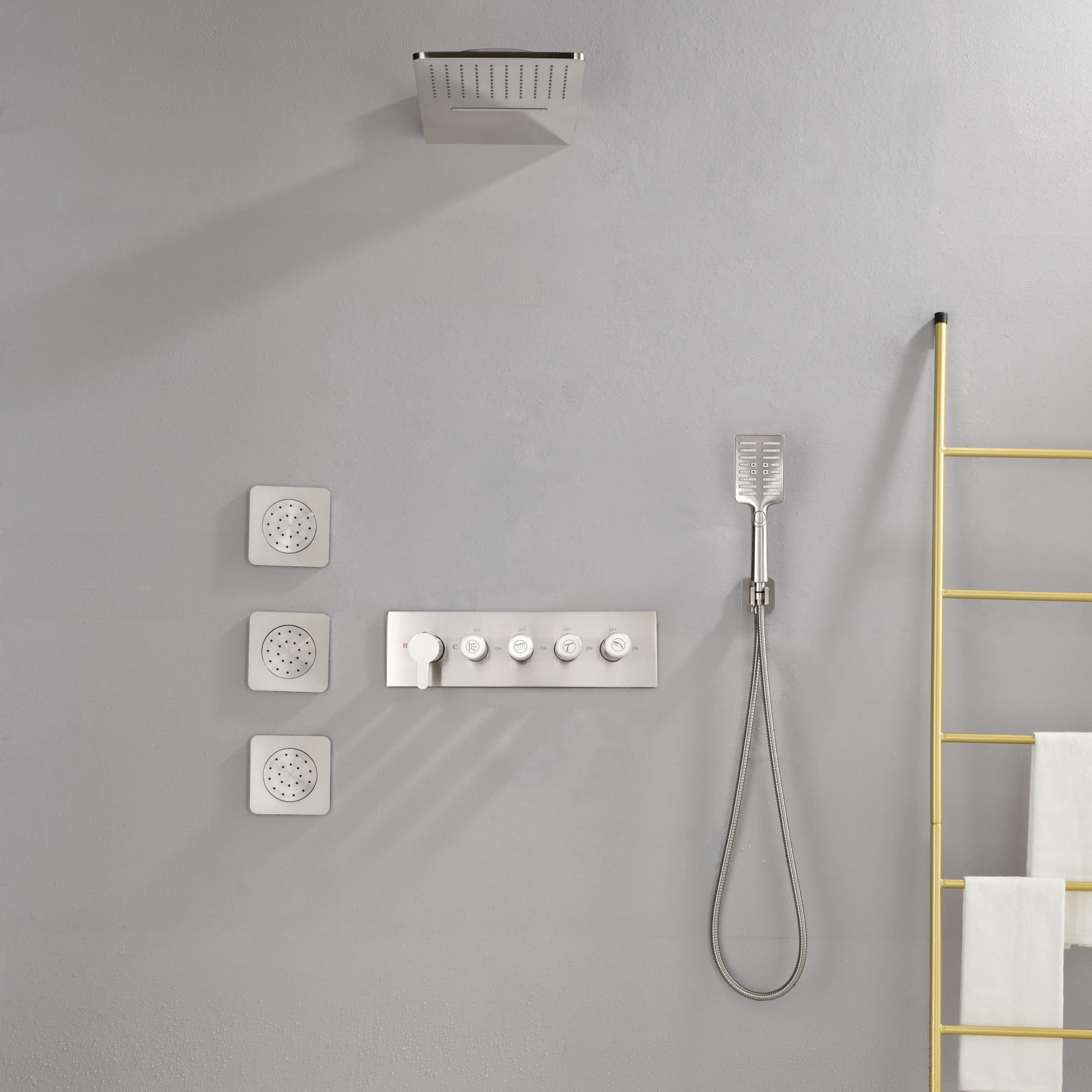 Boyel Living Luxury Thermostatic Rain Shower Head System With 3 Body Jets & 3-Spray Patterns Wall Mounted and Solid Brass Handshower-Boyel Living