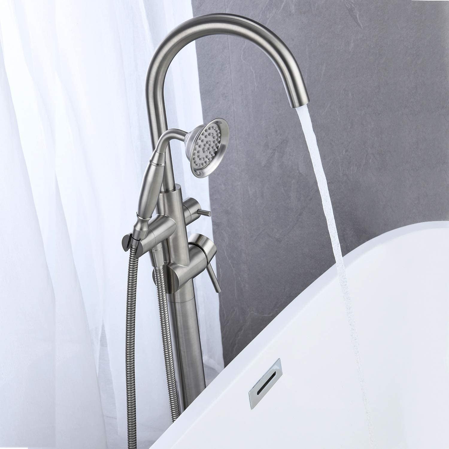 Boyel Living 6 GPM Floor Mount Freestanding Tub Faucet with Handheld Shower, Brushed Nickel/Chrome-Boyel Living