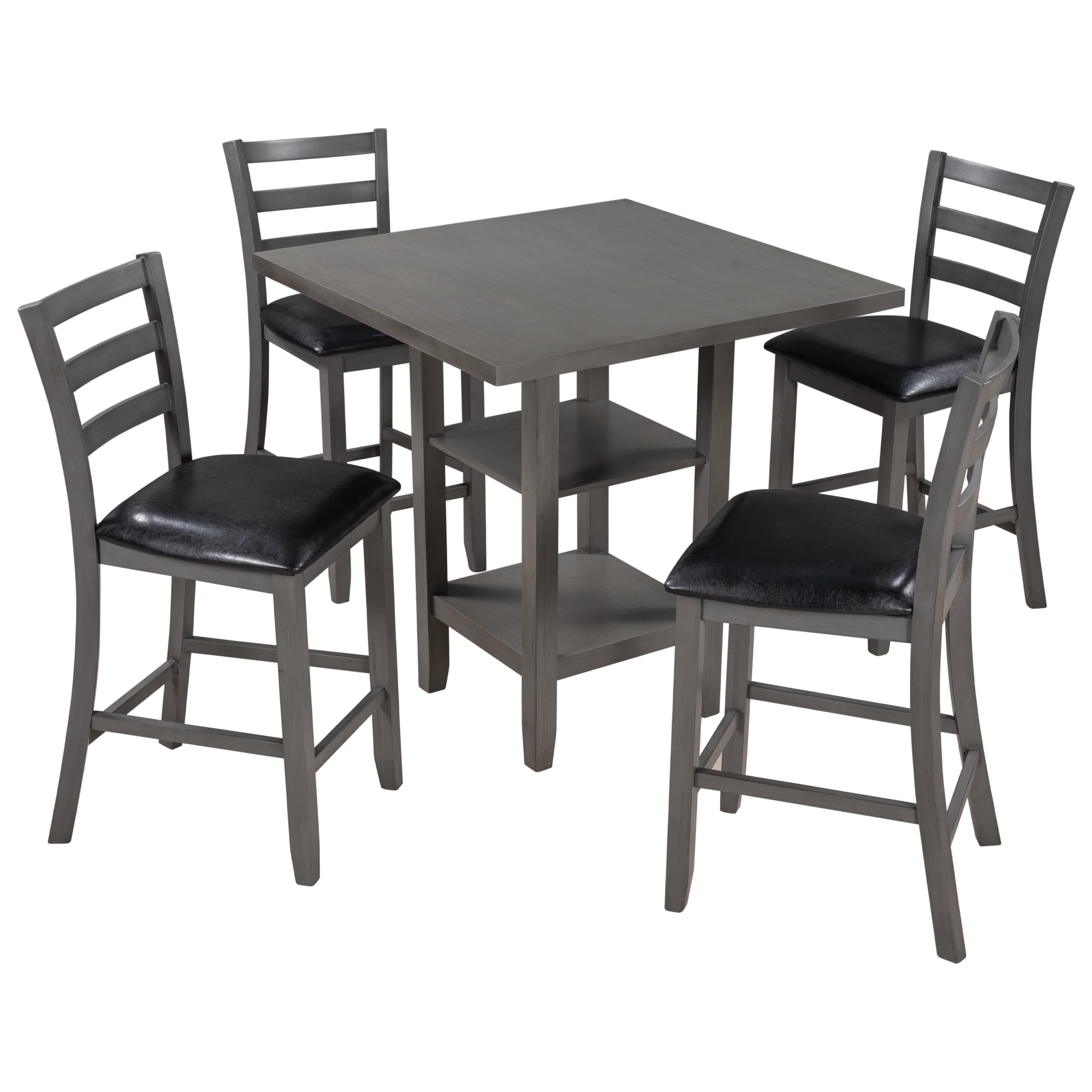 5-Piece Wooden Counter Height Dining Set, Square Dining Table with 2-Tier Storage Shelving and 4 Padded Chairs, Gray-Boyel Living