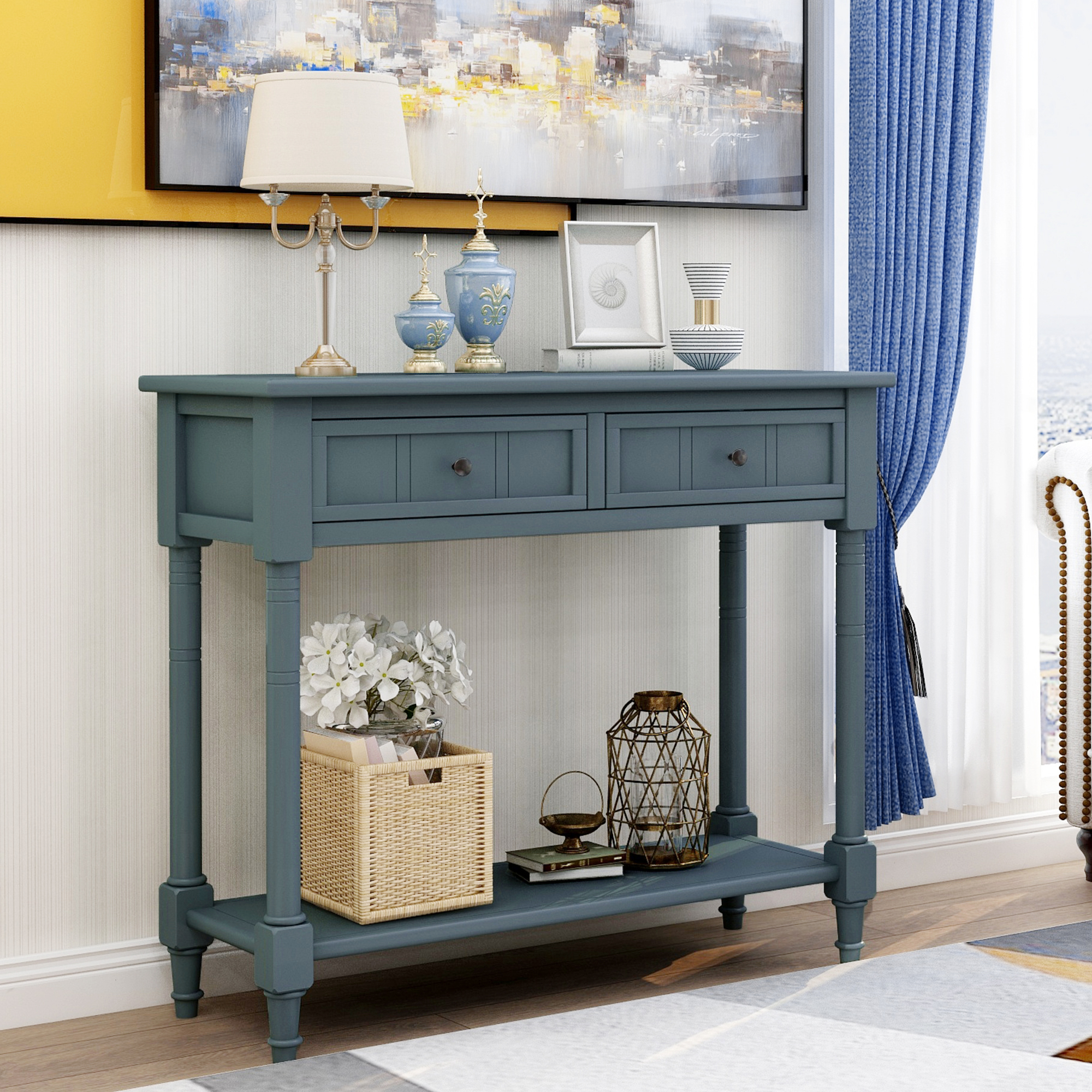 Daisy Series Console Table Traditional Design with Two Drawers and Bottom Shelf (Navy)-Boyel Living