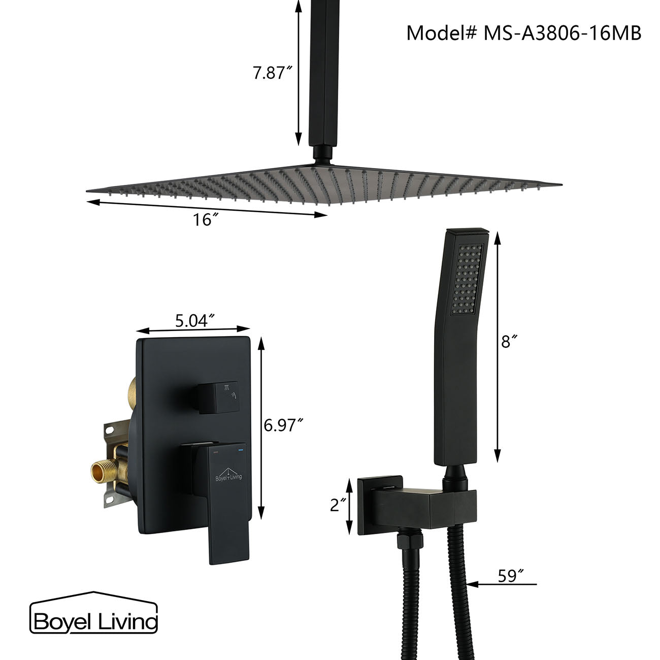 Boyel Living Ceiling Mount Dual Shower Heads, 2.5 GPM Shower System with Handheld Shower, 10 in./16 in. Brushed Nickel/Matte Black-Boyel Living