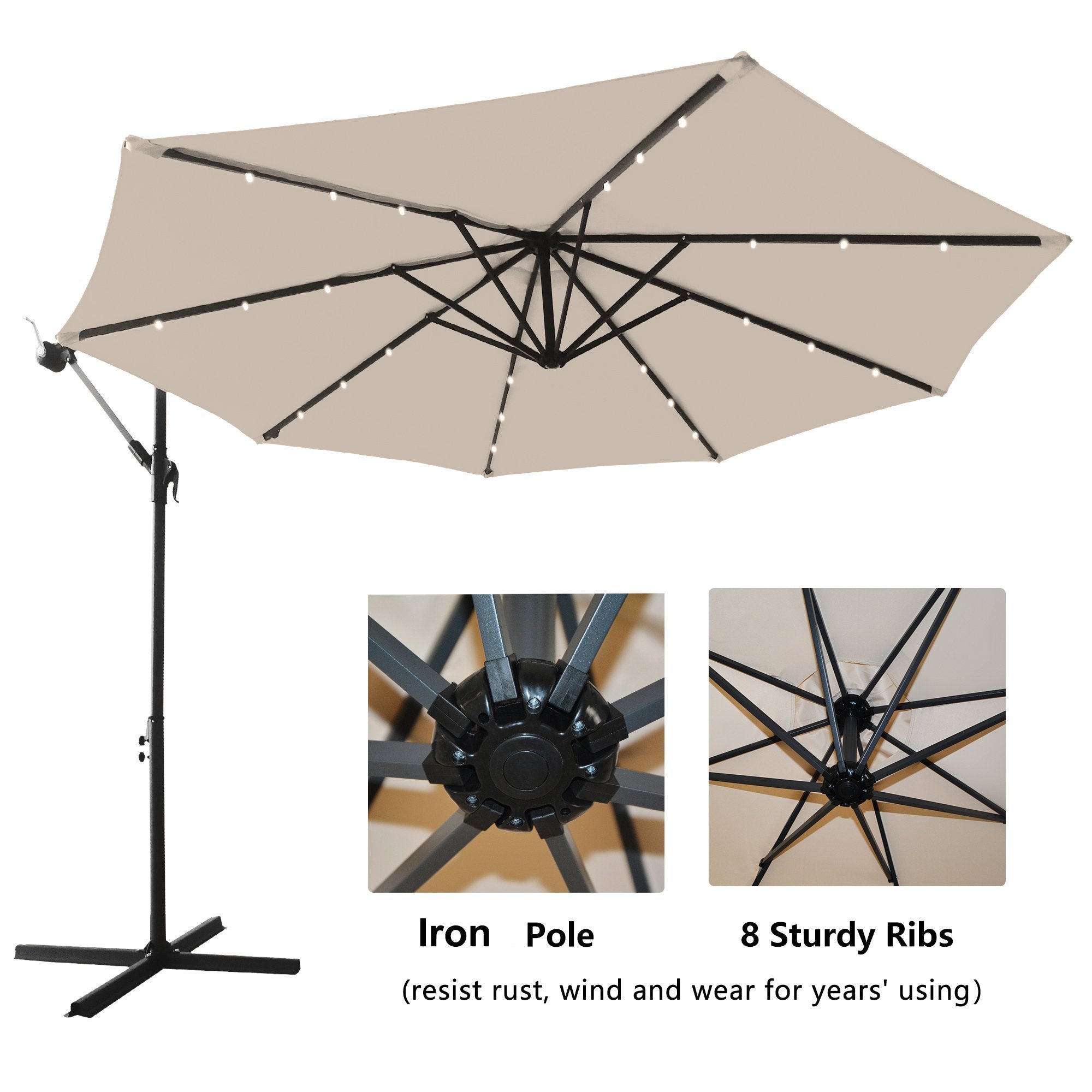 10FT Patio Offset Lighted Hanging Cantilever Umbrella for Backyard,Poolside, Garden and Lawn-Boyel Living